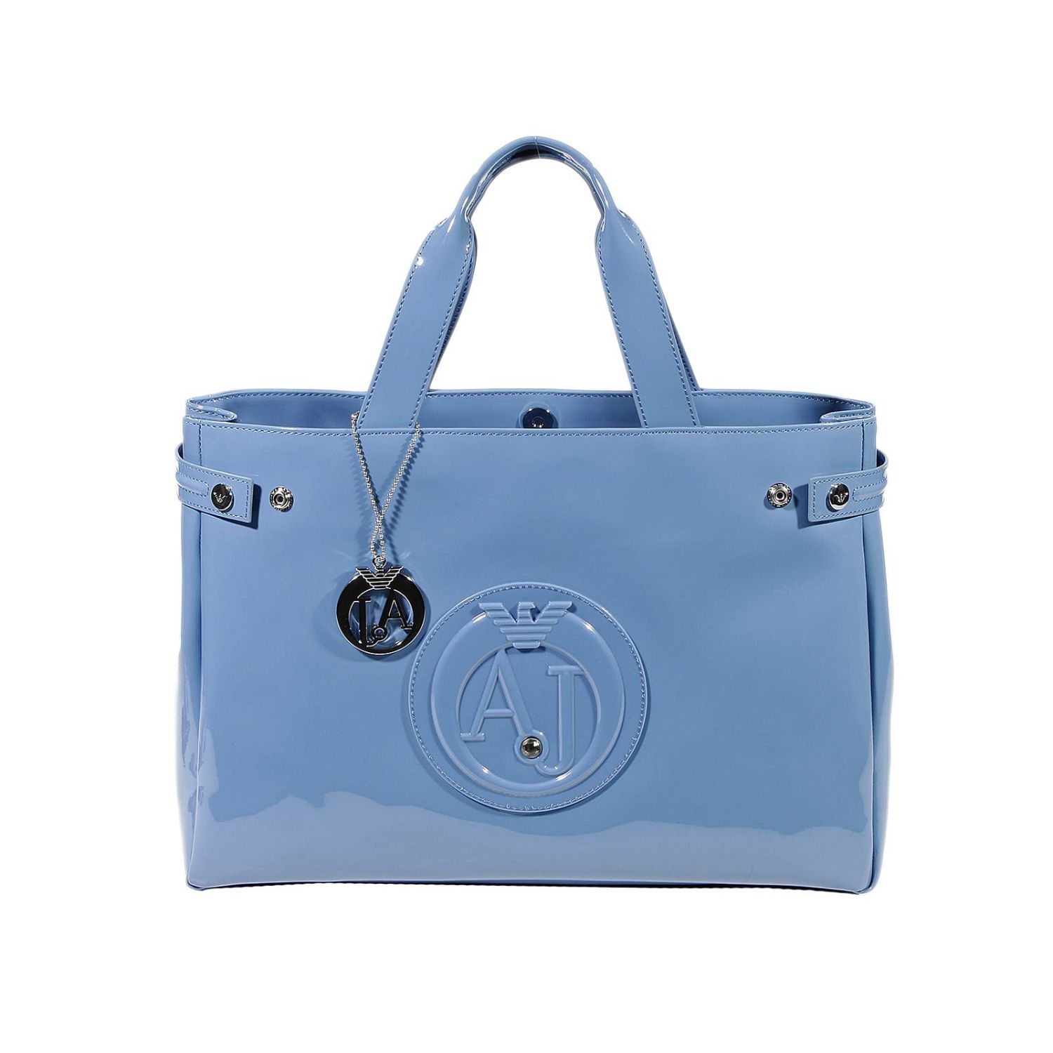 ARMANI JEANS: Borsa Shopping grande in vernice con logo strass e charm  metallico - Azzurro | Borsa A Mano Armani Jeans 922591 CC855 GIGLIO.COM