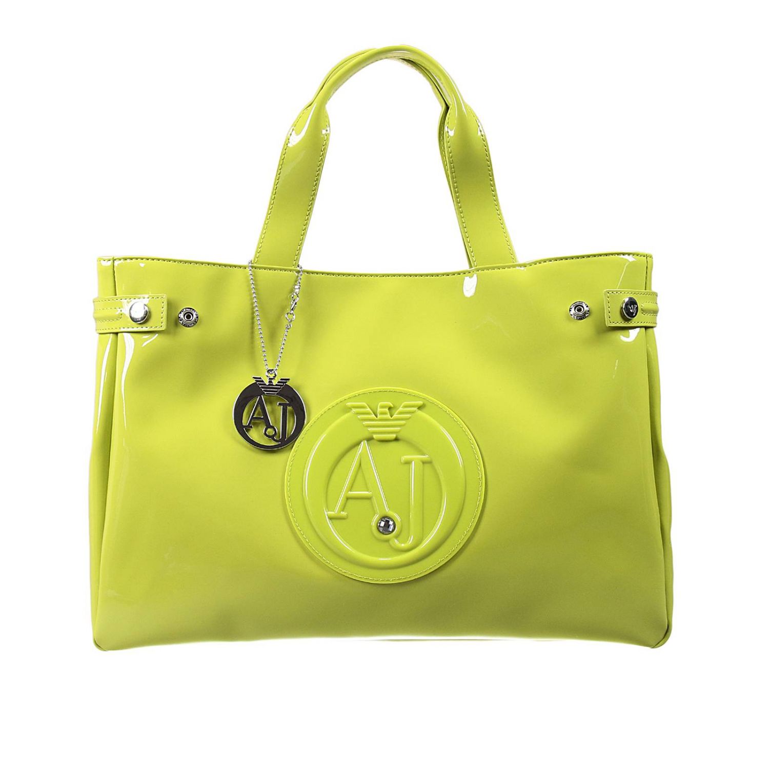 ARMANI JEANS: Borsa Shopping grande in vernice con logo strass e charm  metallico - Verde Acido | Borsa A Mano Armani Jeans 922591 CC855 GIGLIO.COM
