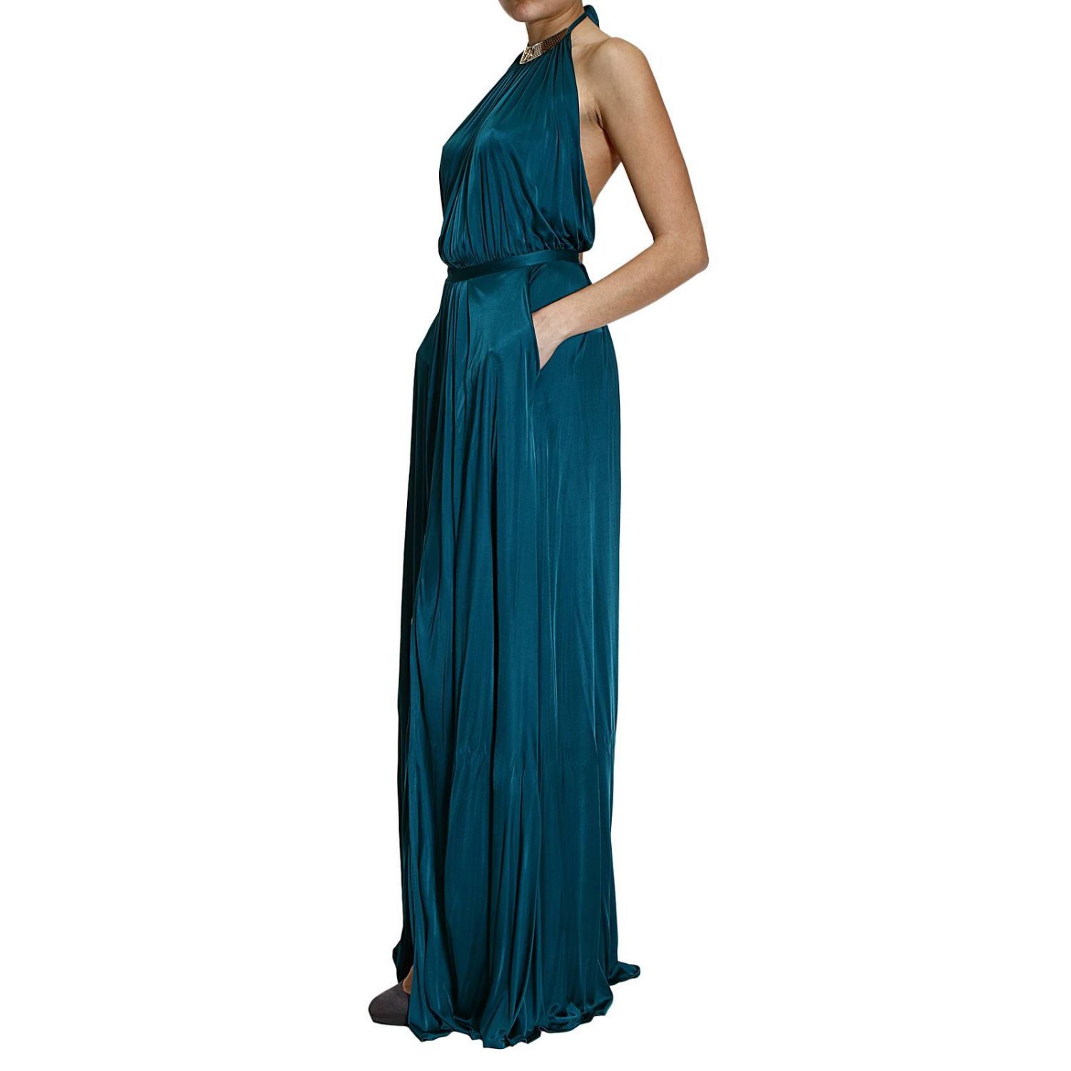 Versace Collection Outlet dress long neck halter neck jersey with logo Petroleum Blue Dress