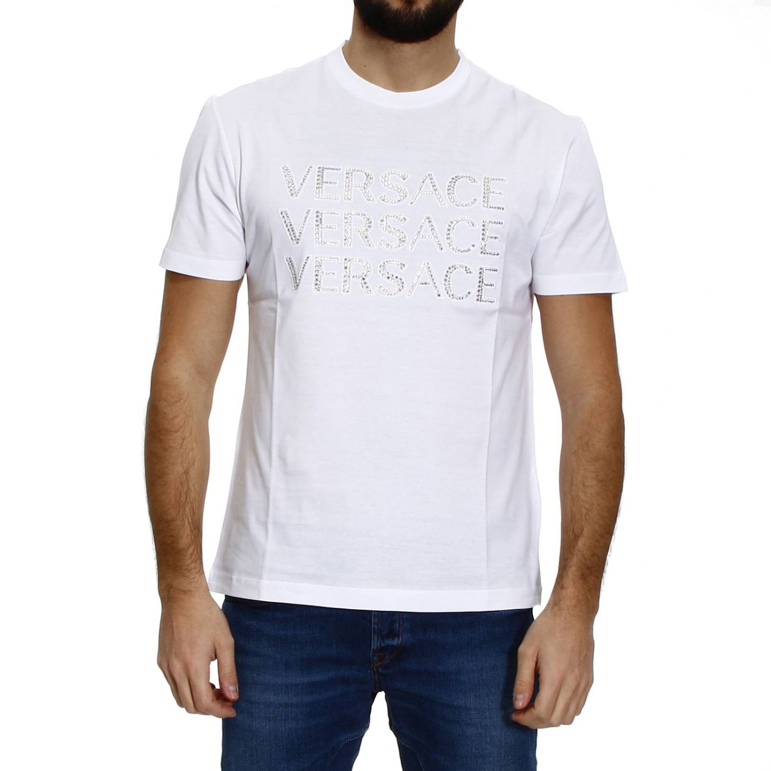 Versace Outlet: rhinestone logo half sleeve crew-neck t-shirt | T-Shirt ...