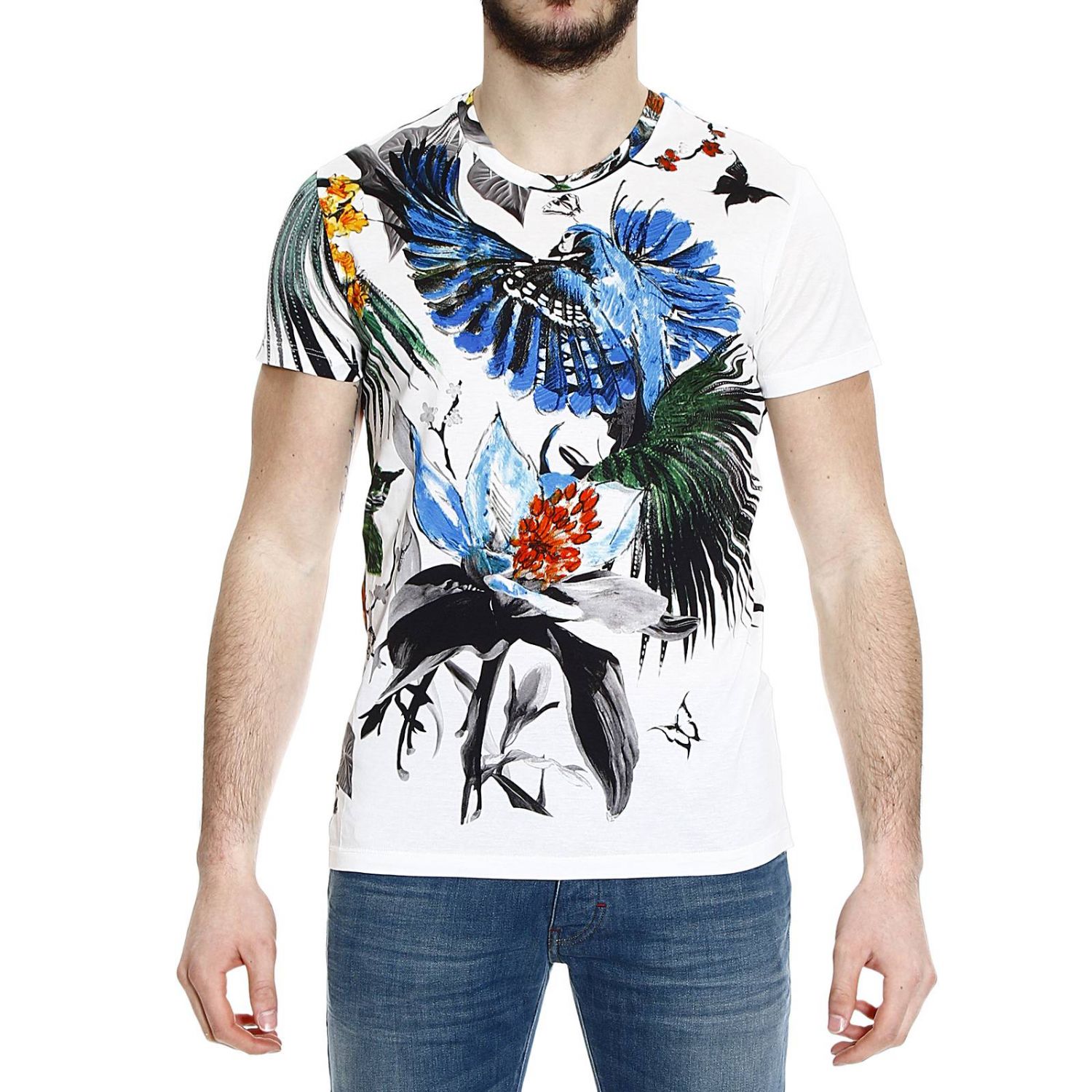 Roberto Cavalli Outlet: tropical printed half sleeve crew-neckt-shirt ...