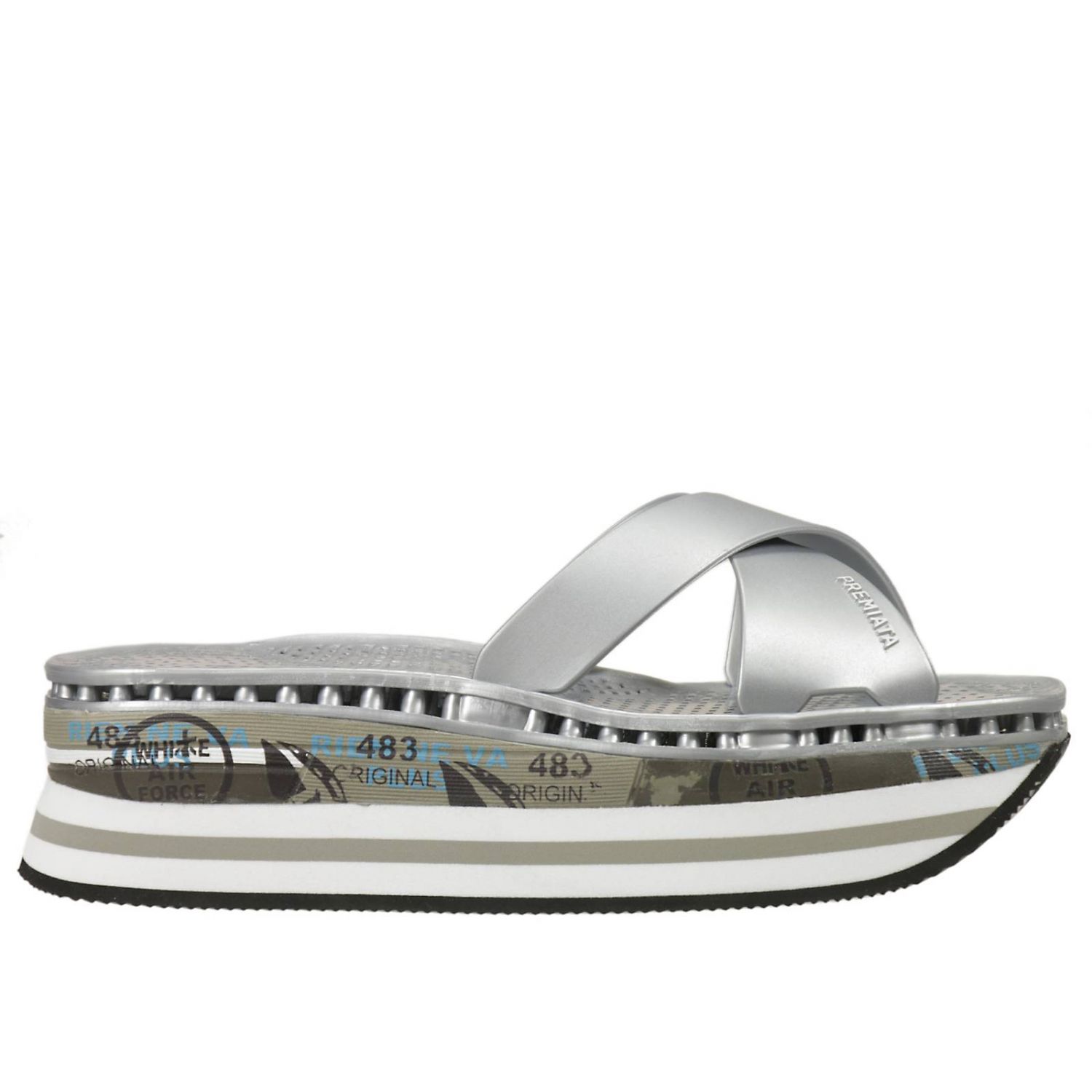 PREMIATA: MOURA CIABATTA INCROCIO FONDO ZEPPA 4CM - Grigio | Scarpe Con  Zeppa Premiata moura GIGLIO.COM