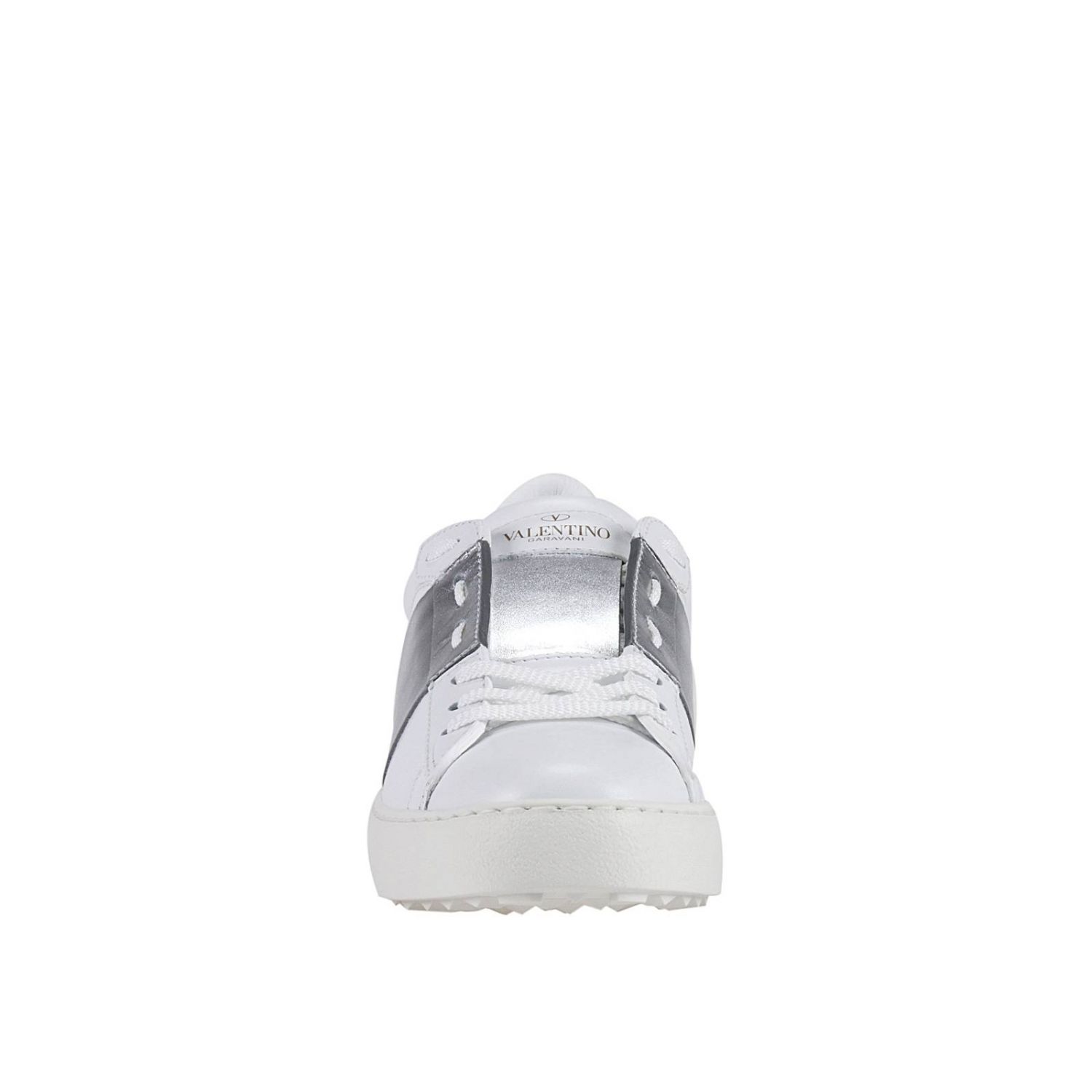 VALENTINO GARAVANI: Open sneakers pelle fascia laminata argento e borchie  dietro - Argento | Sneakers Valentino Garavani LW0S0781 FLR. GIGLIO.COM
