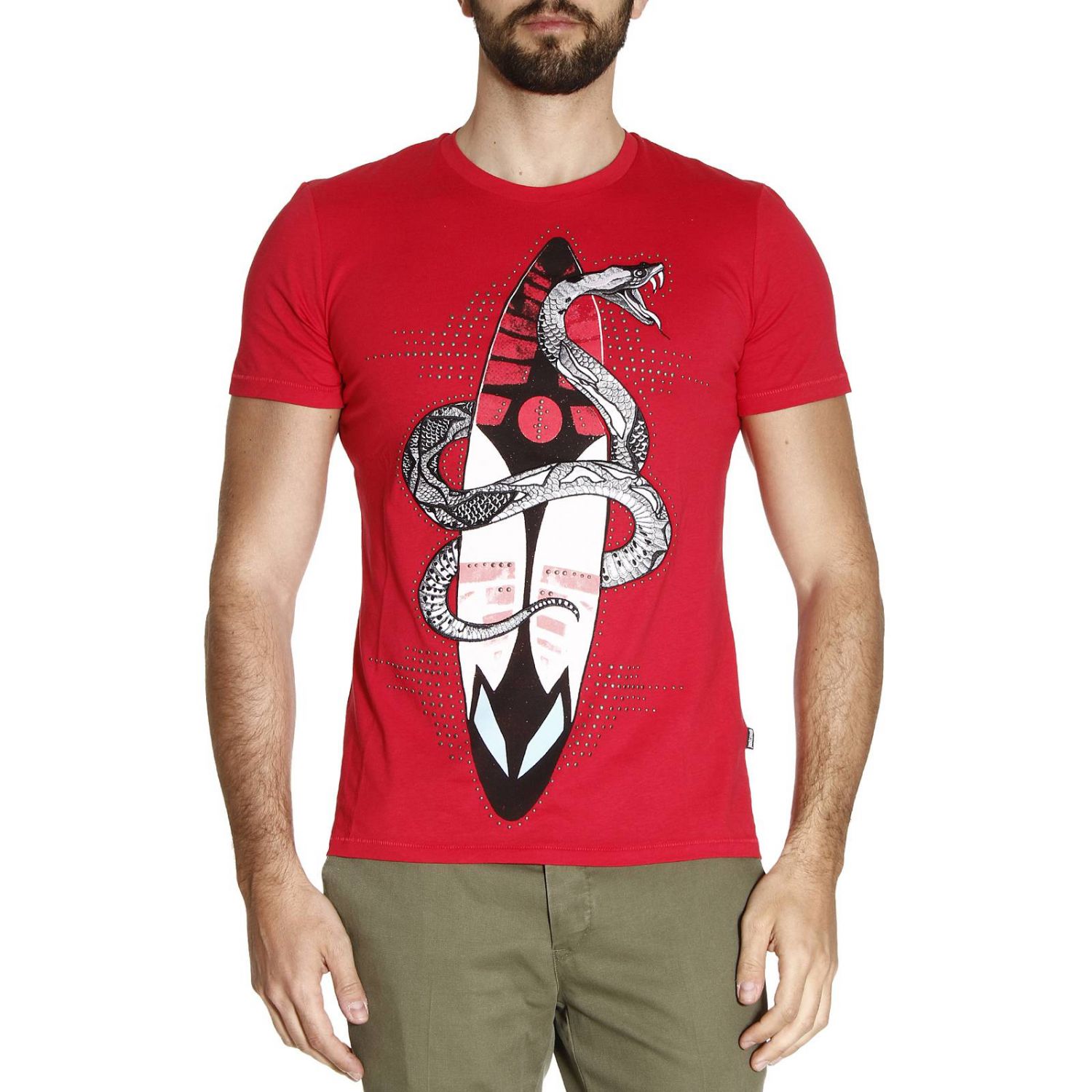 Just Cavalli Outlet: T-shirt in cotone con stampa in rilievo e borchie |  T-Shirt Just Cavalli Uomo Rosso | T-Shirt Just Cavalli S03GC0392 N20663  GIGLIO.COM