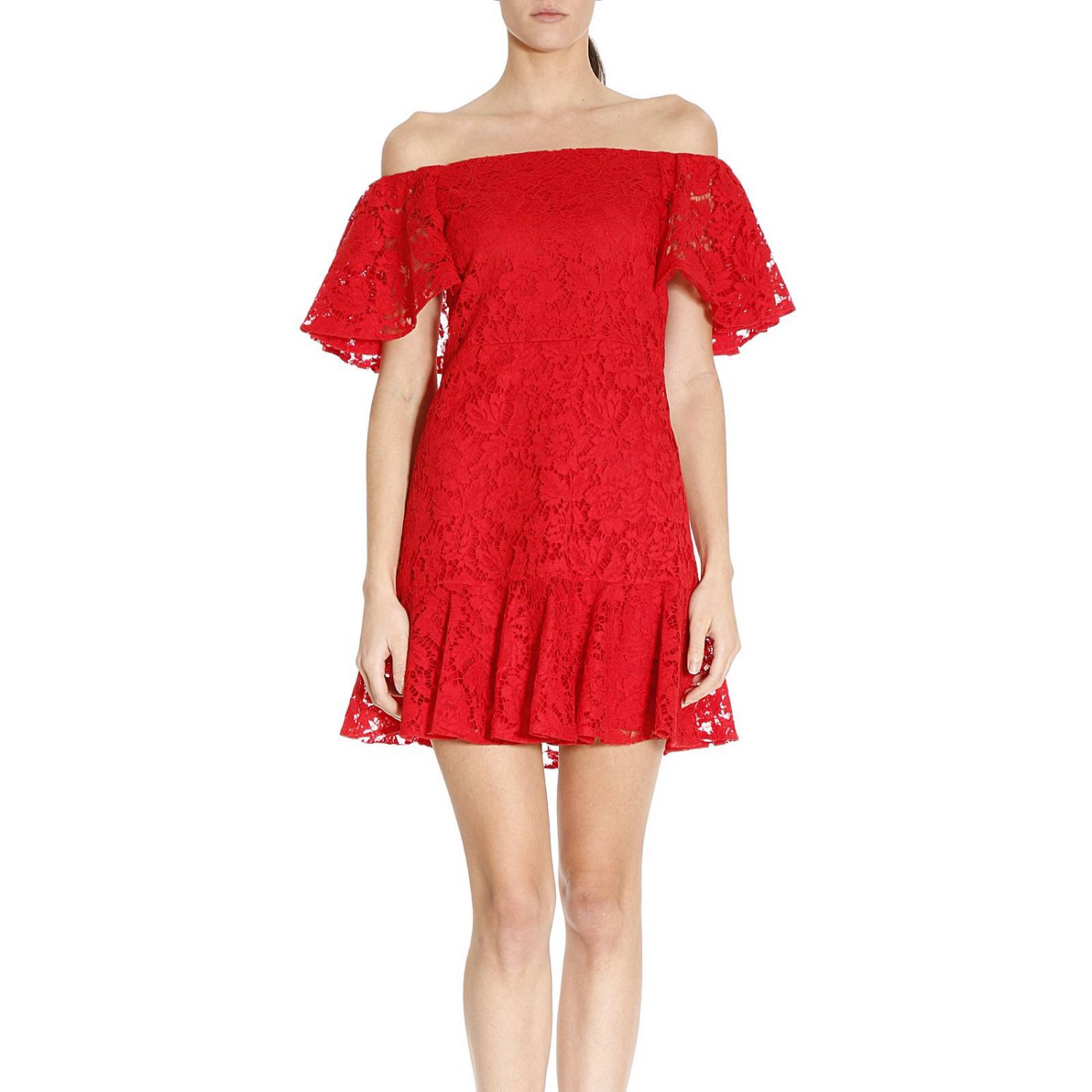 Valentino Outlet: Short dress in floral lace with wide frill sleeves ...