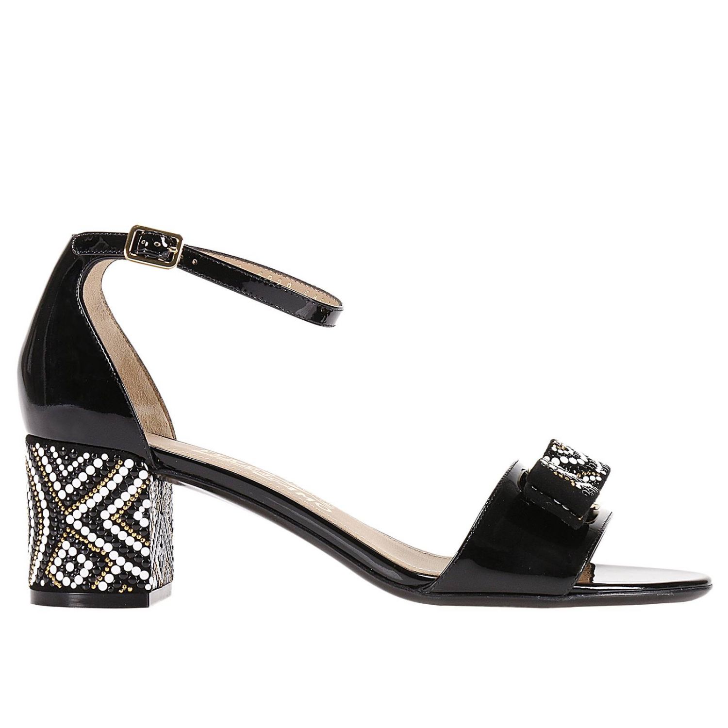 Salvatore Ferragamo Outlet: Sandalo in vernice con fiocco Vara e  decorazione mosaico - Nero | Sandali Con Tacco Salvatore Ferragamo 663838  01M276 GIGLIO.COM