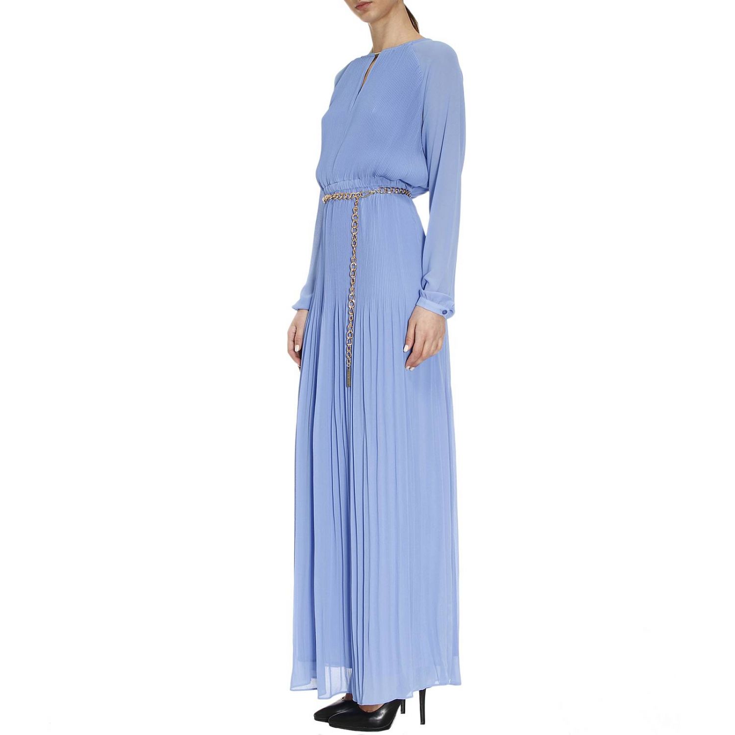 Michael Michael Kors Outlet: Abito lungo con micro plissè e cintura a  catena - Azzurro | Abito Michael Michael Kors MH68WNZ 7R3 GIGLIO.COM