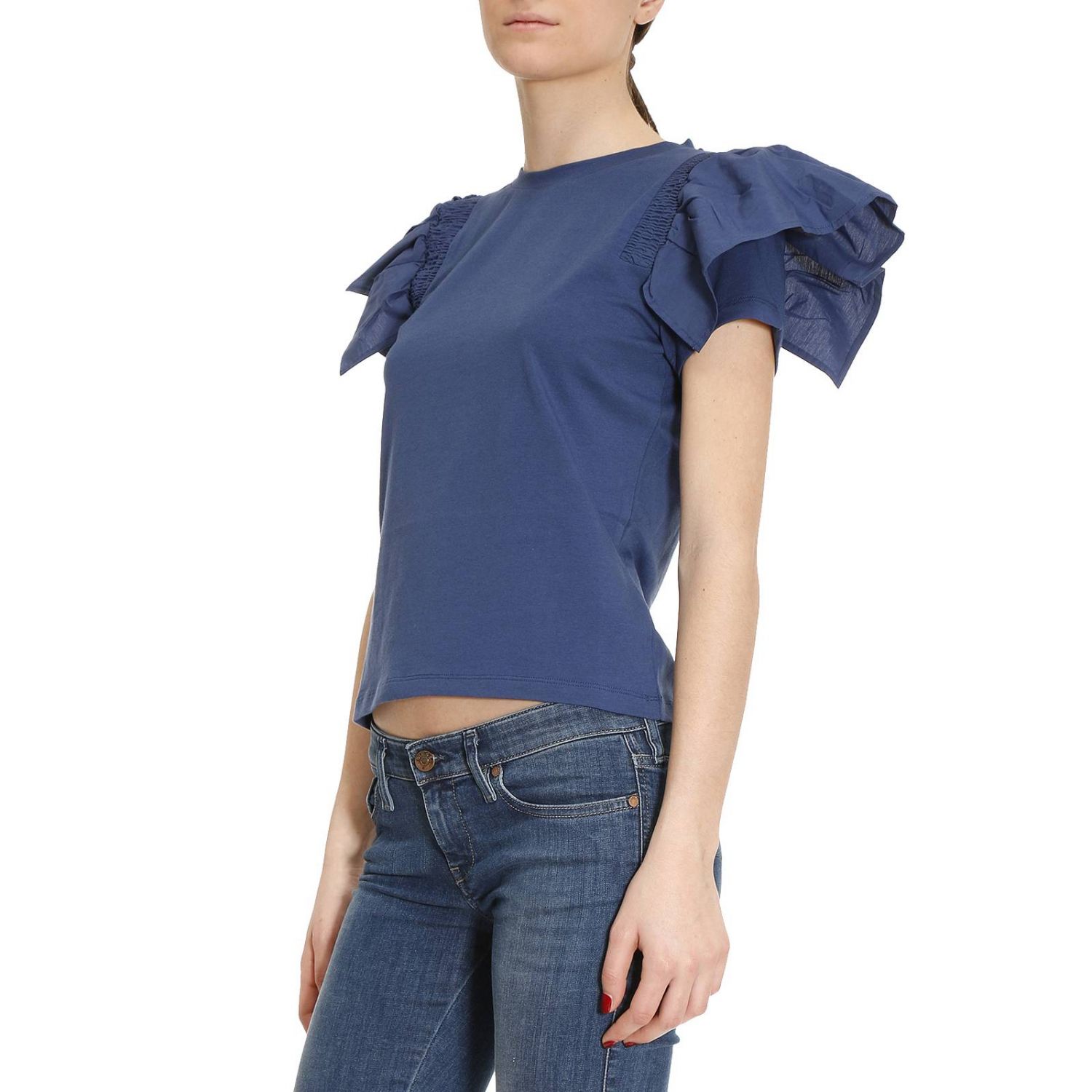 Pinko Outlet: Tenero mezza manica girocollo cotone rouche | T-Shirt Pinko  Donna Blue | T-Shirt Pinko 1G12J9 Y33G TENERO GIGLIO.COM