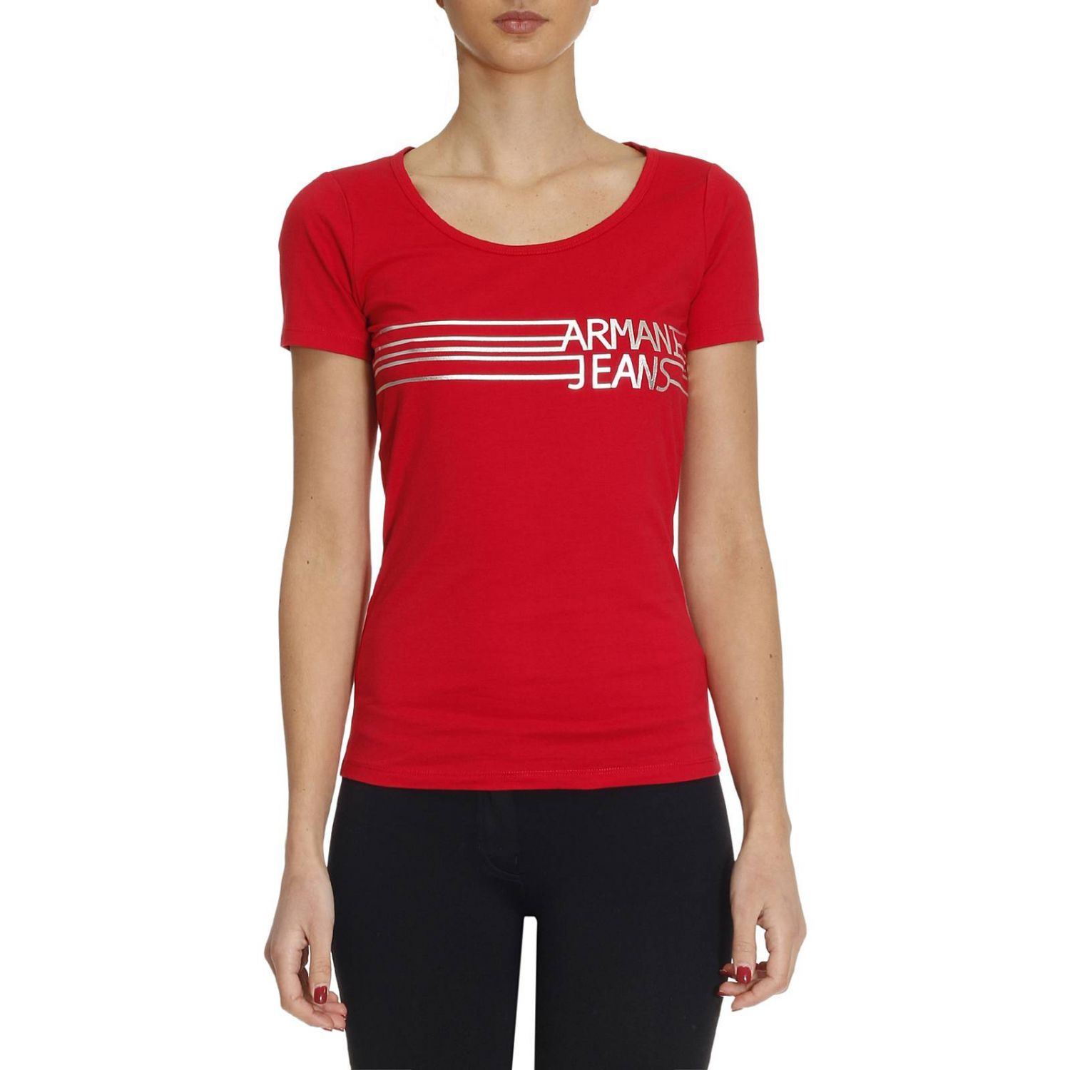 Armani Jeans Outlet: T-shirt in puro cotone stretch con logo metallizzato -  Rosso | T-Shirt Armani Jeans 3Y5T40 5JABZ GIGLIO.COM