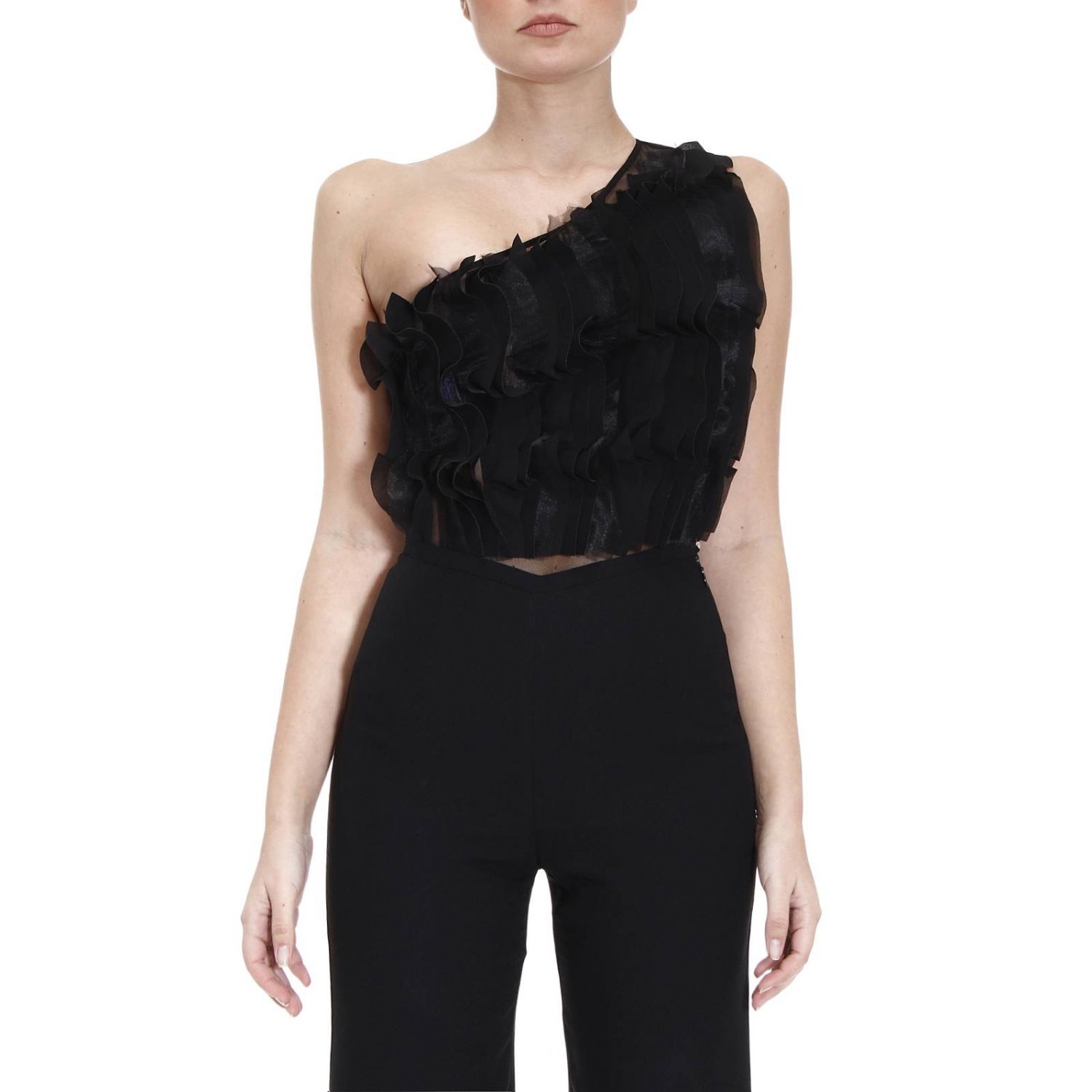 Elisabetta Franchi Outlet: Top body stretch a monospalla con rouche - Nero  | Top E Bluse Elisabetta Franchi BO7384109 GIGLIO.COM