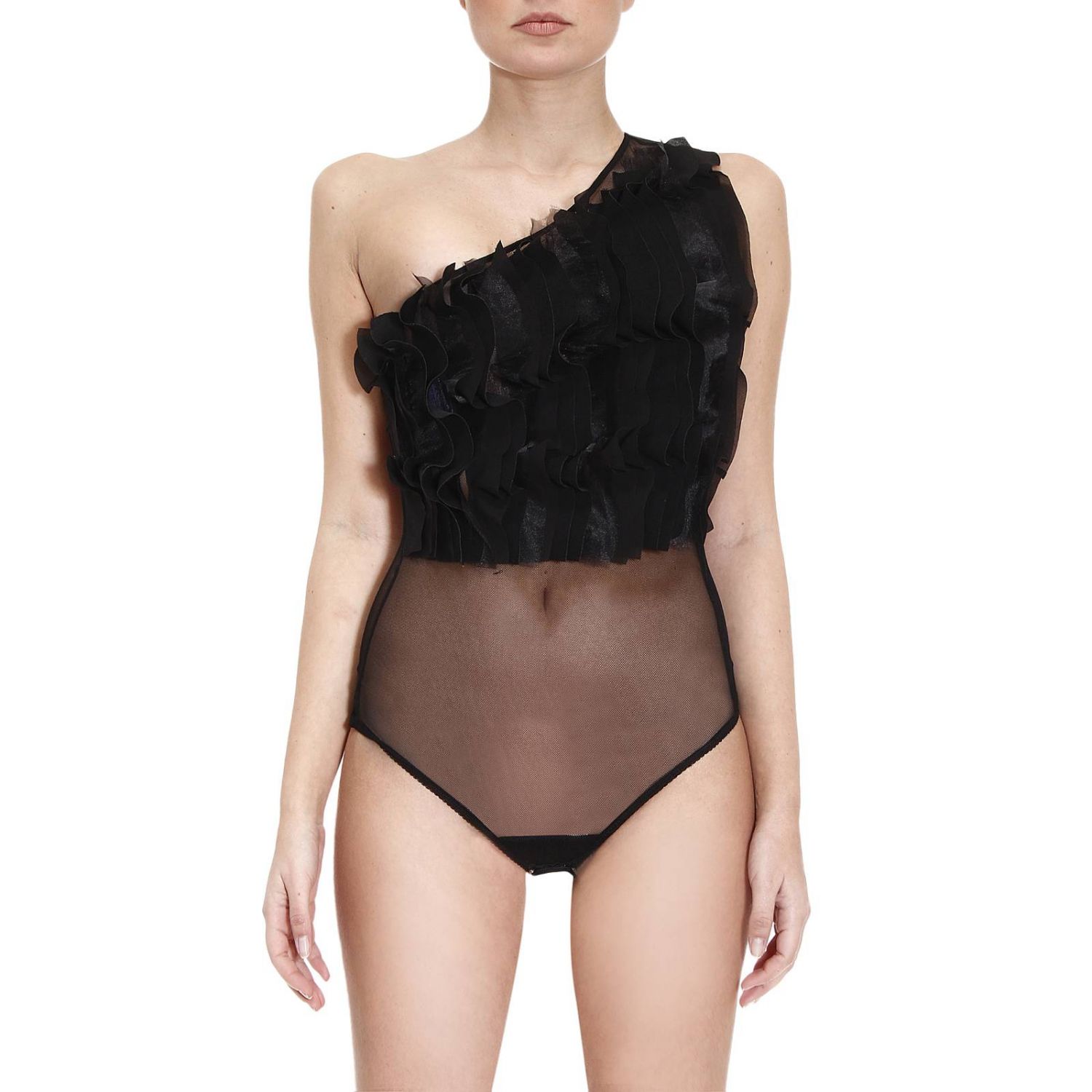 Elisabetta Franchi Outlet: Top body stretch a monospalla con rouche - Nero  | Top E Bluse Elisabetta Franchi BO7384109 GIGLIO.COM
