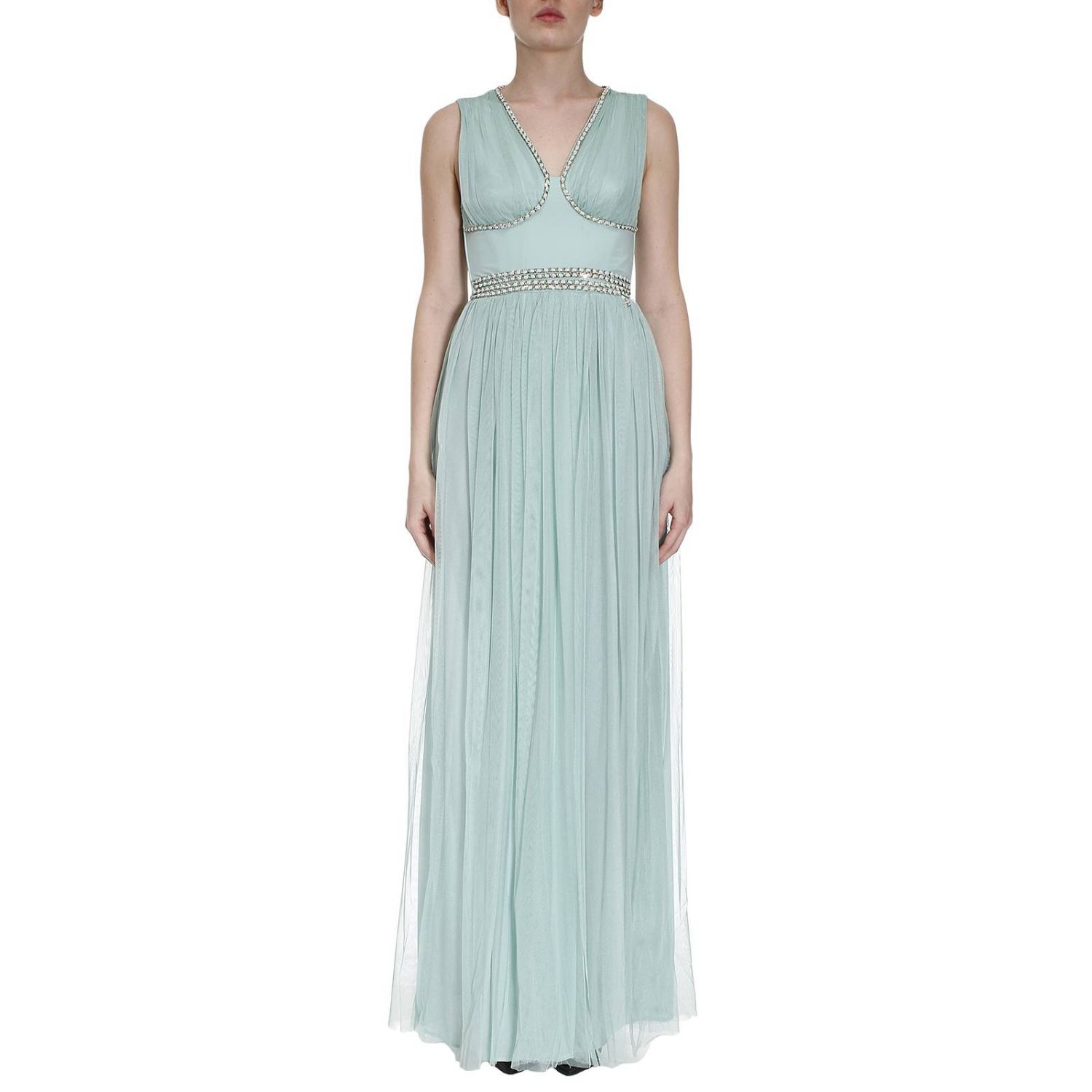 Elisabetta Franchi Outlet: Abito lungo senza maniche in tulle con dettagli  a catena - Verde | Abito Elisabetta Franchi AB6003619 GIGLIO.COM