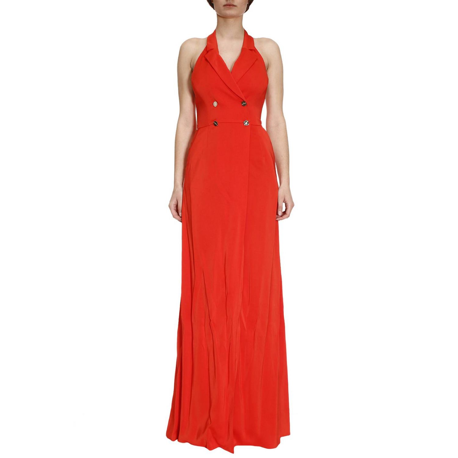 Elisabetta Franchi Outlet: Abito lungo in crêpe con scollo americano e  doppiopetto - Corallo | Abito Elisabetta Franchi AB7594060 GIGLIO.COM