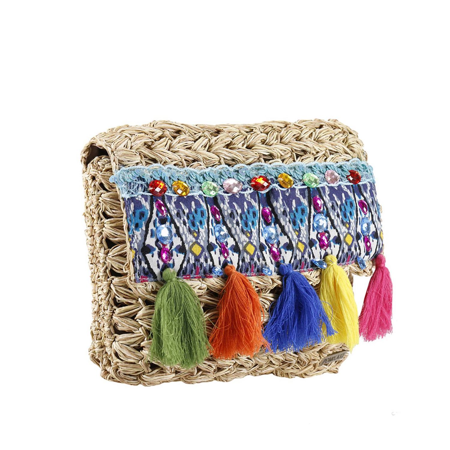 Pomikaki Outlet: Clutch Portofino in rafia con nappe colorate strass e  ricami - Azzurro | Clutch Pomikaki PO30 GIGLIO.COM