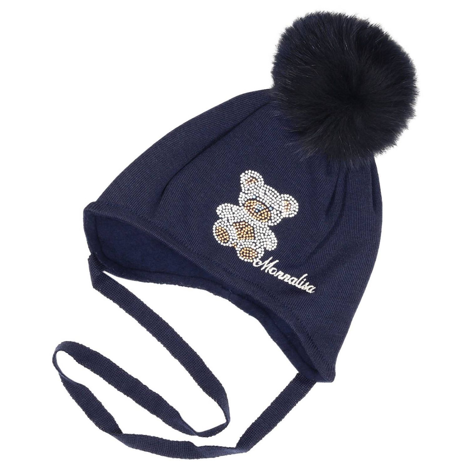Monnalisa Bebe' Outlet: Cotone con orso strass e pon pon visone - Blue |  Cappello Neonato Monnalisa Bebe' 390005AH 0079 GIGLIO.COM