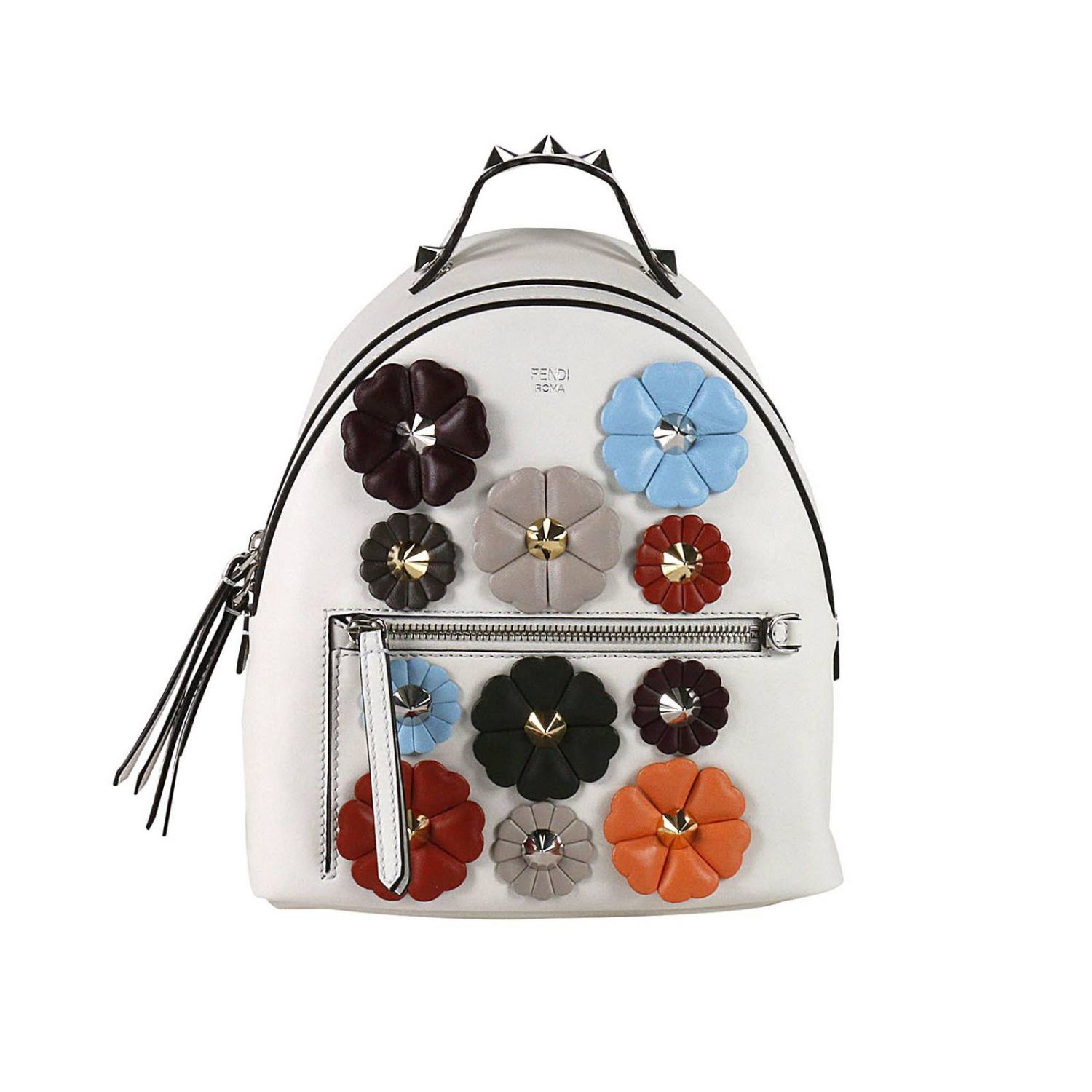 Fendi Outlet: Zaino mini con maxi borchie di applicazioni floreali  multicolor - Ghiaccio | Zaino Fendi 8BZ038 9KR GIGLIO.COM