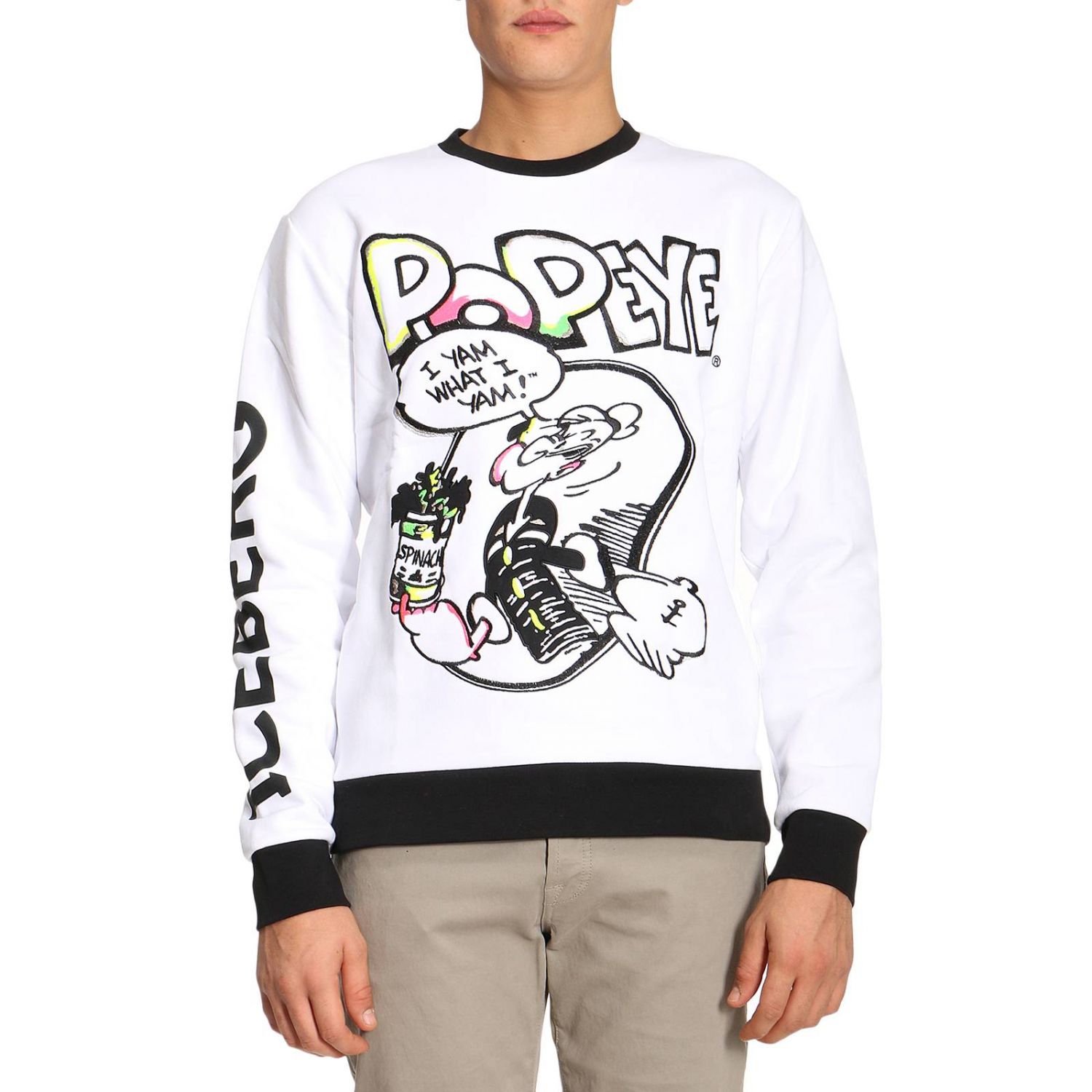Iceberg Outlet: Felpa a girocollo in jersey con maxi stampa Popeye  stilizzata - Bianco | Felpa Iceberg E056 6305 GIGLIO.COM