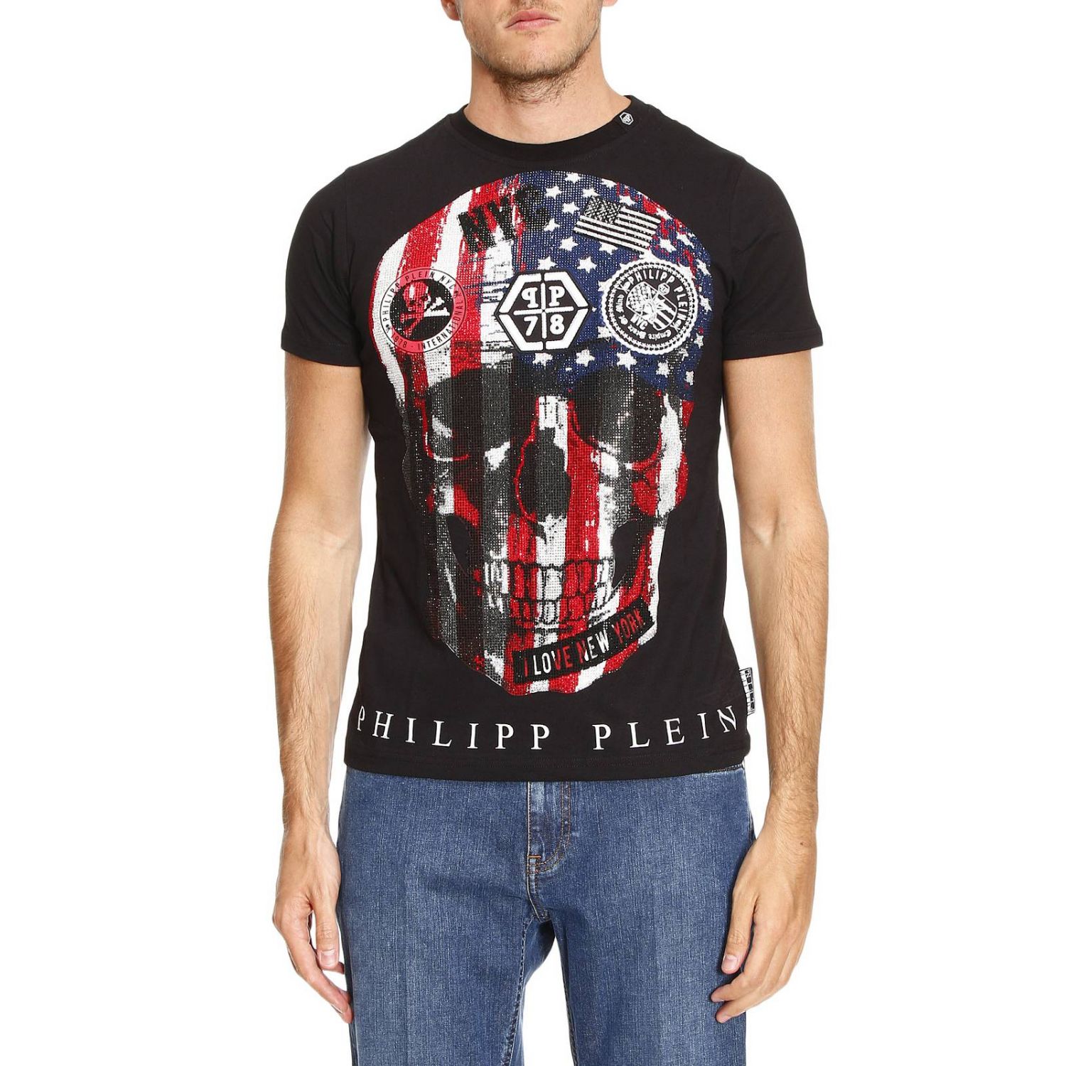 Philipp Plein Outlet: T-shirt Round Neck Dan con maxi teschio America di  strass e patch logo - Nero | T-Shirt Philipp Plein MTK1251 PJY002N  GIGLIO.COM