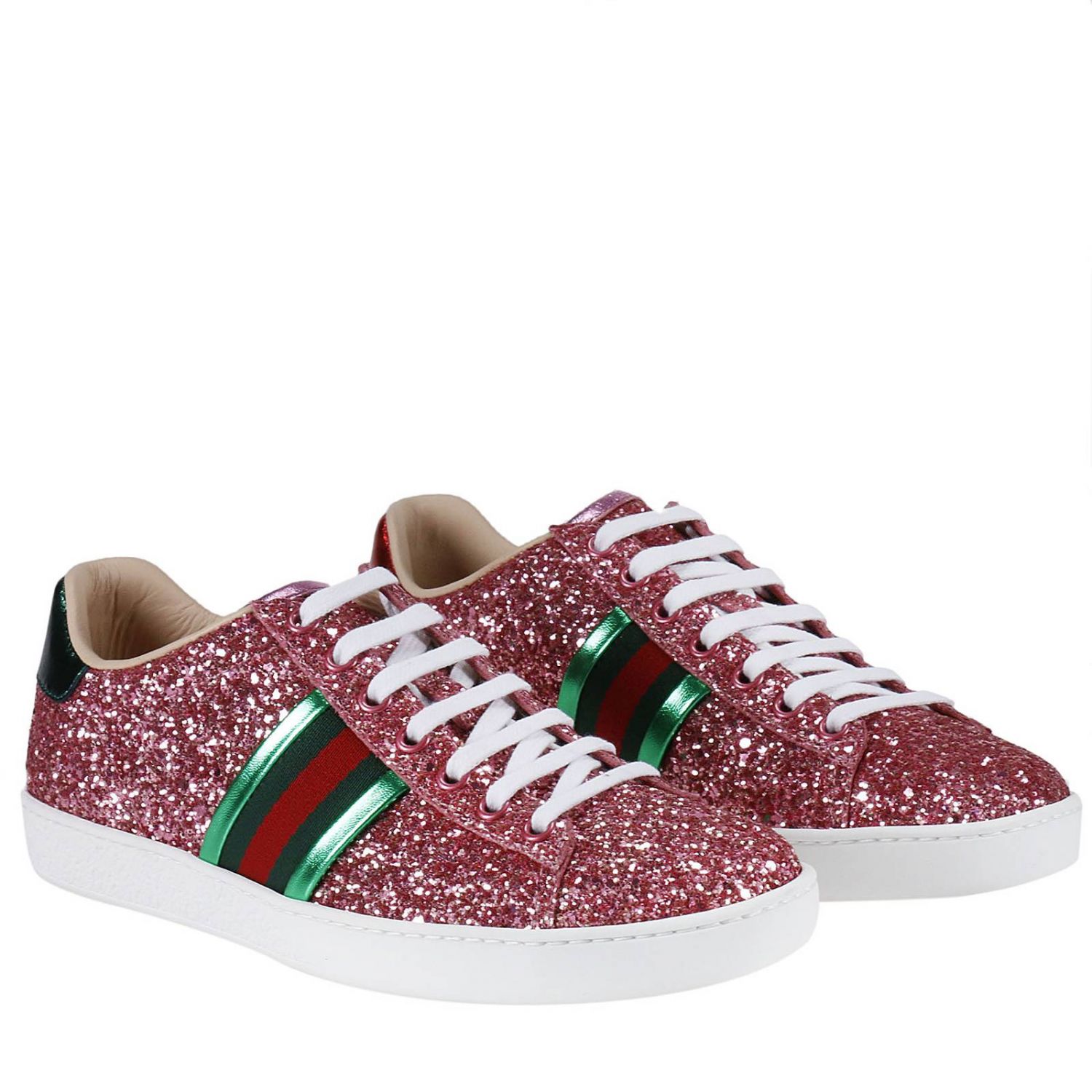 GUCCI: Ace Sneakers with web details and glitter surface | Sneakers Gucci Women Pink | Sneakers 