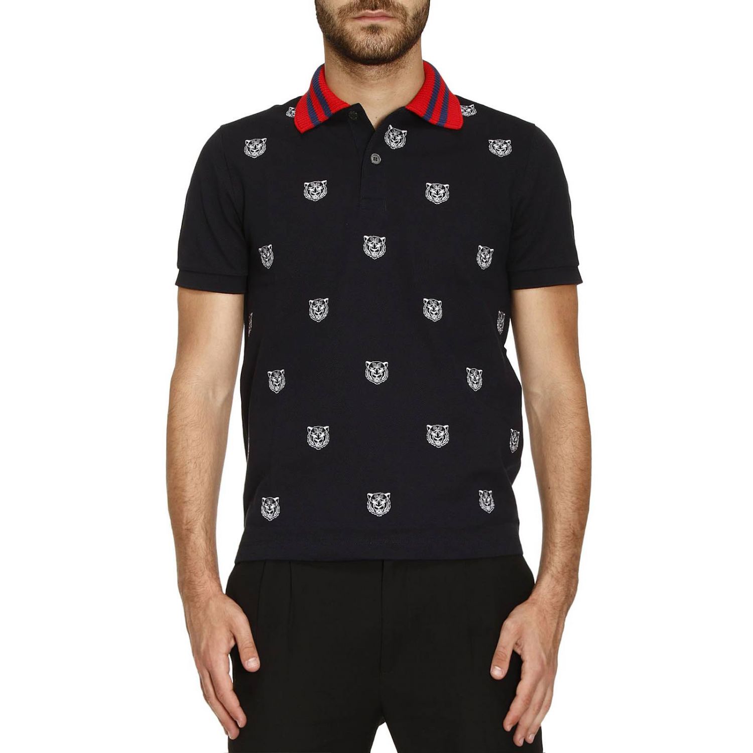 GUCCI: Cotton with tiger pattern and maxi ribbed collar | T-Shirt Gucci Men Blue | T-Shirt Gucci 475118 X5T75 GIGLIO.COM