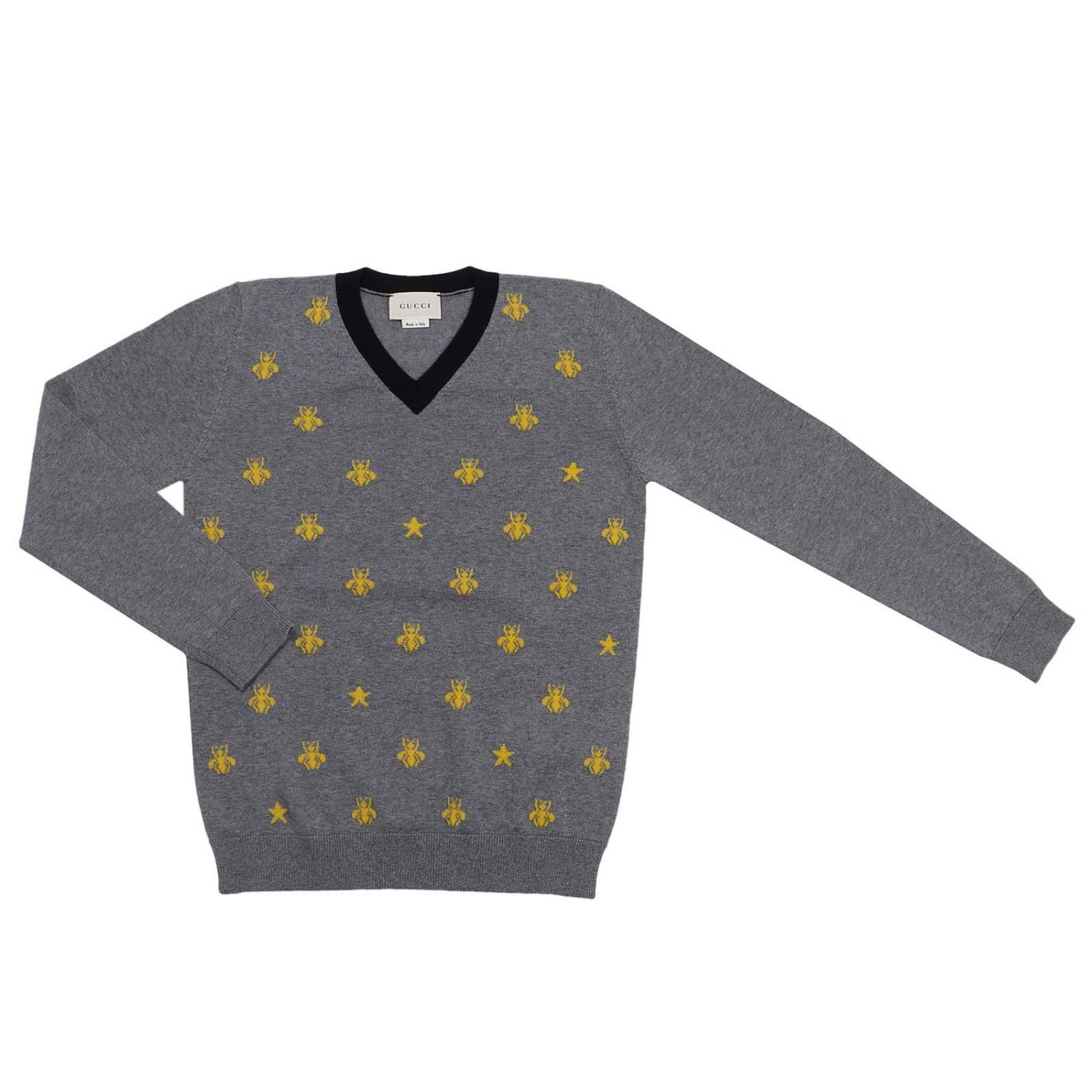 GUCCI: Polo in lana vergine con scollo a V e fantasia Ape - Grigio | Maglia  Gucci 475580 X1489 GIGLIO.COM
