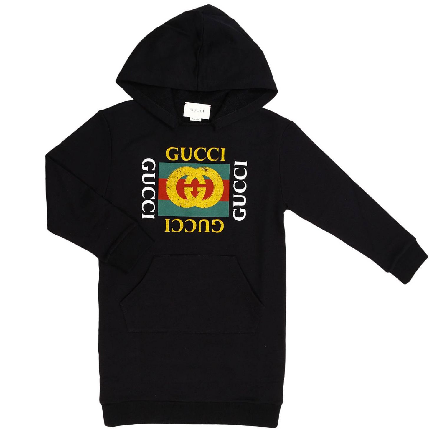 GUCCI: Hooded sweatshirt dress with maxi print and traditional logo ...