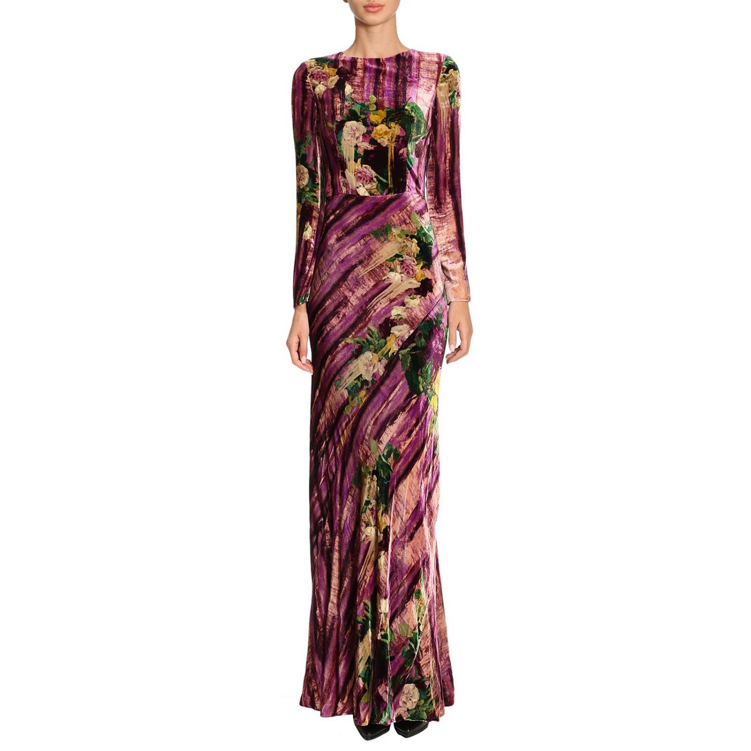 Alberta Ferretti Outlet: Abito lungo in velluto di misto seta con fantasia  pittorica floreale - Rosa | Abito Alberta Ferretti A0438 5142 GIGLIO.COM