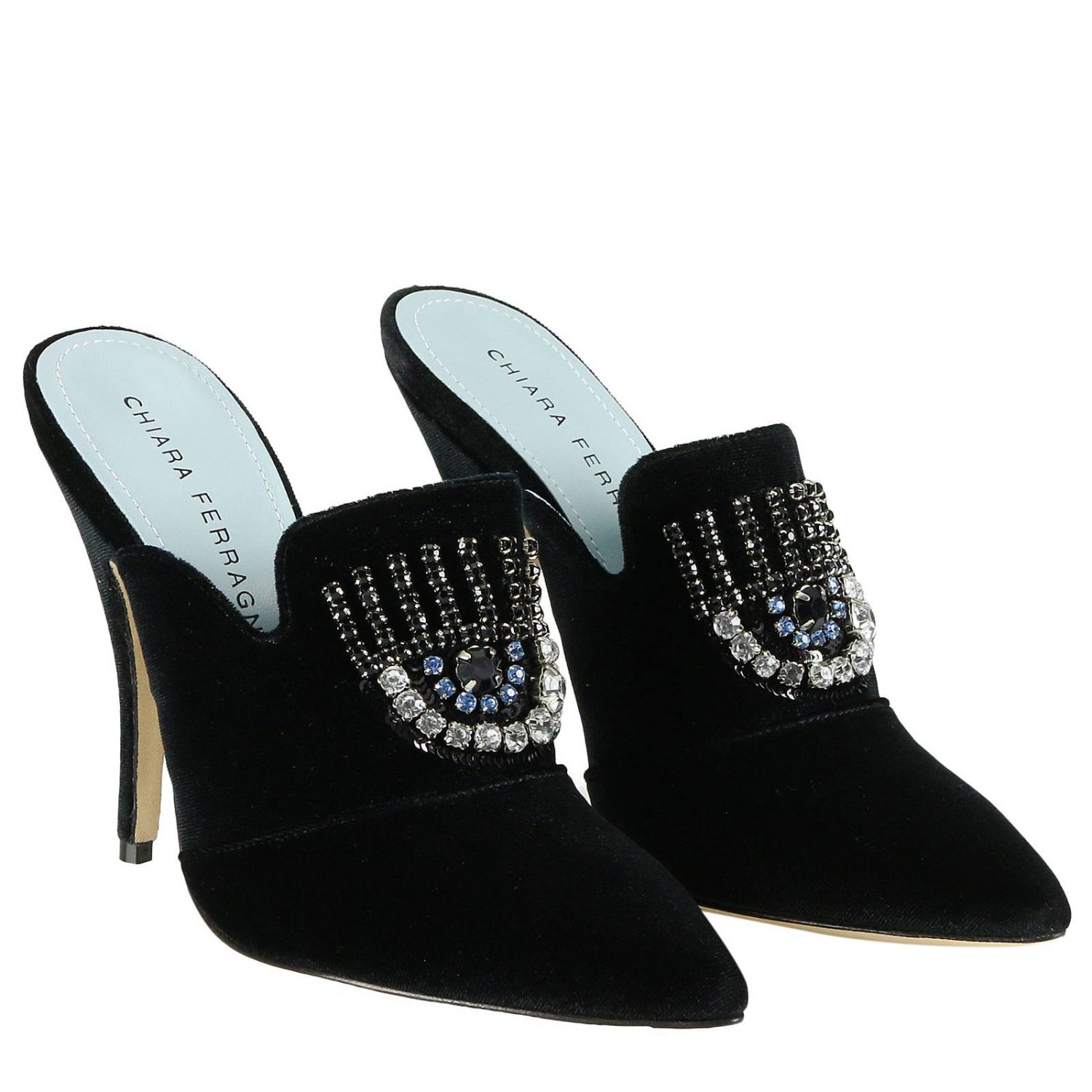 Chiara Ferragni Outlet: Sabot Flirting in velluto con maxi Eye di strass e tacco  alto - Nero | Scarpe Con Tacco Chiara Ferragni CF1644 GIGLIO.COM