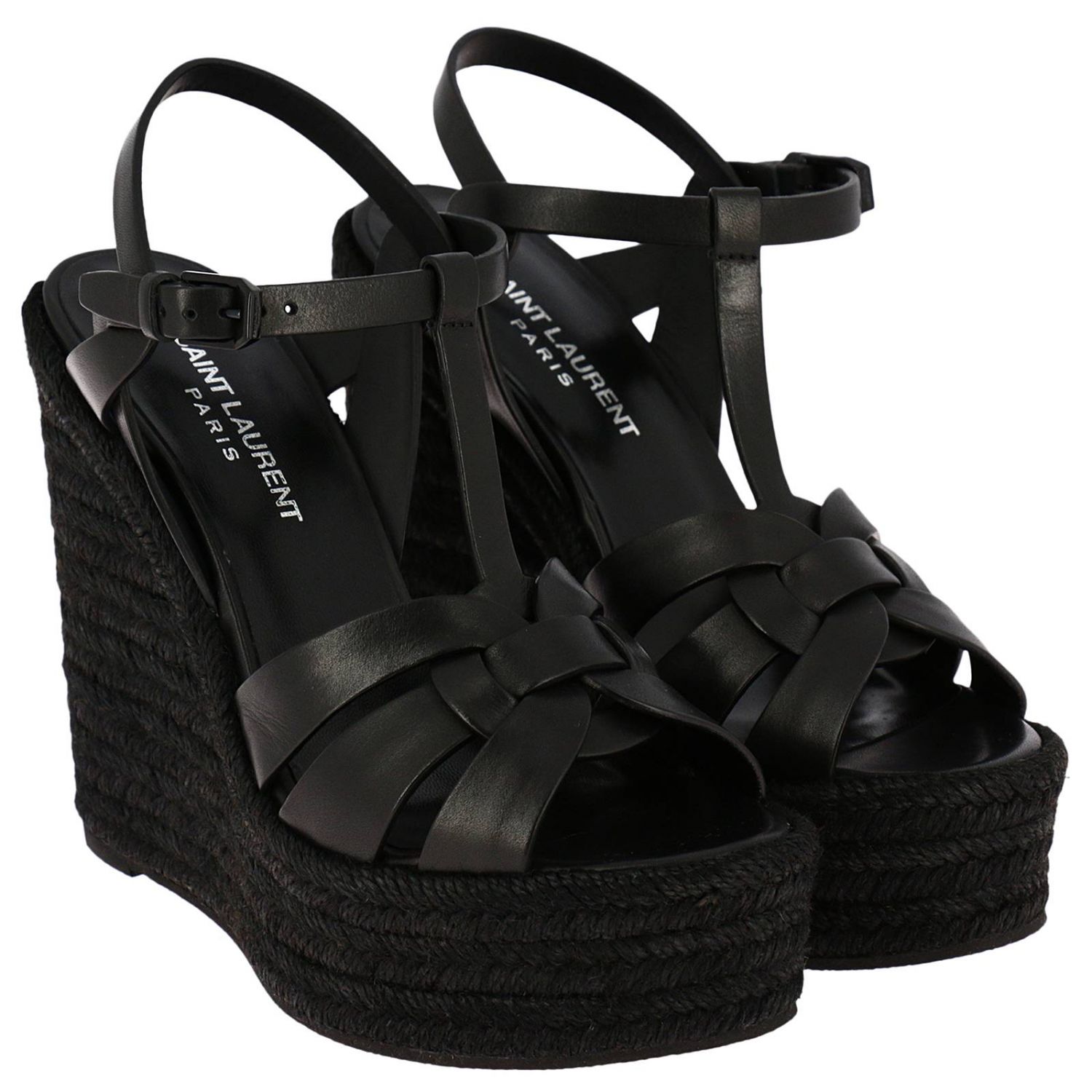 SAINT LAURENT: YSL Tribute wedge sandal in genuine leather and tone-on ...