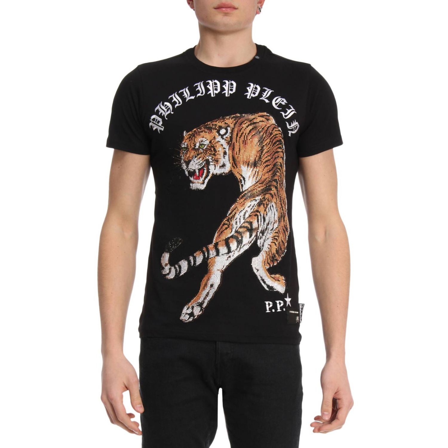 T-shirt Round Neck SS Out of my Head con maxi tigre di strass | T-Shirt  Philipp Plein Uomo Nero | T-Shirt Philipp Plein MTK1944 PJY002N Giglio IT