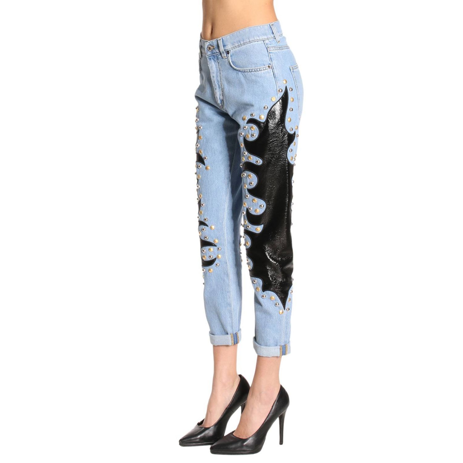 Moschino Couture Outlet: Jeans denim used slim fit con fiamme in pelle e  maxi borchie metal - Sstw | Jeans Moschino Couture 335 520 GIGLIO.COM