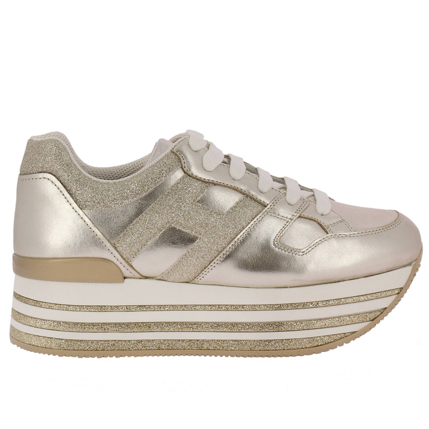HOGAN: Sneakers platform in pelle laminata e glitter con H grande e fondo  222 - Oro | Sneakers Hogan GYW3680T548 J4D GIGLIO.COM