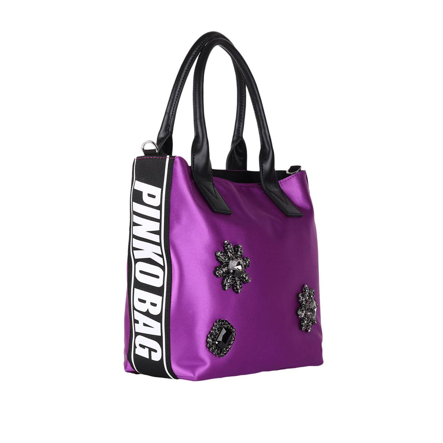 Pinko Outlet: Borsa Canesca shopping medium in raso con bande Bag e maxi  strass - Viola | Borsa A Spalla Pinko 1H20DN-Y4CG CANESCA GIGLIO.COM