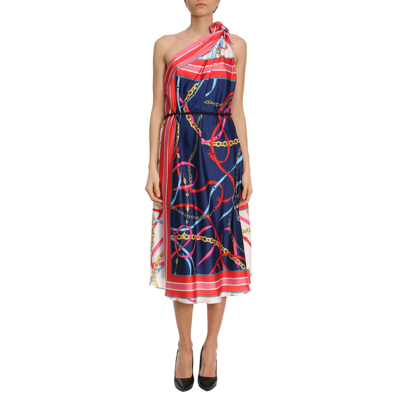 Pinko Outlet: Abito Agnes a monospalla in twill con stampa foulard - Blue |  Abito Pinko 1B12XM-6907 AGNES GIGLIO.COM