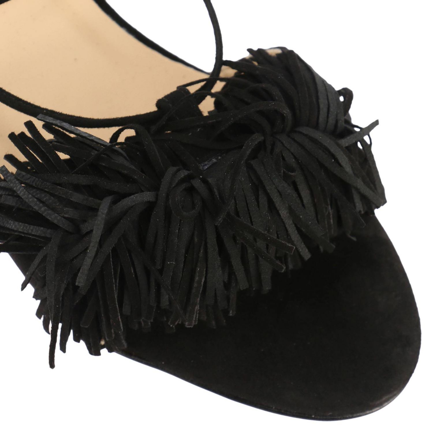 Rebecca Minkoff Outlet: Sandalo Reja in camoscio con frange e tacco - Nero  | Sandali Con Tacco Rebecca Minkoff RMRJ GIGLIO.COM