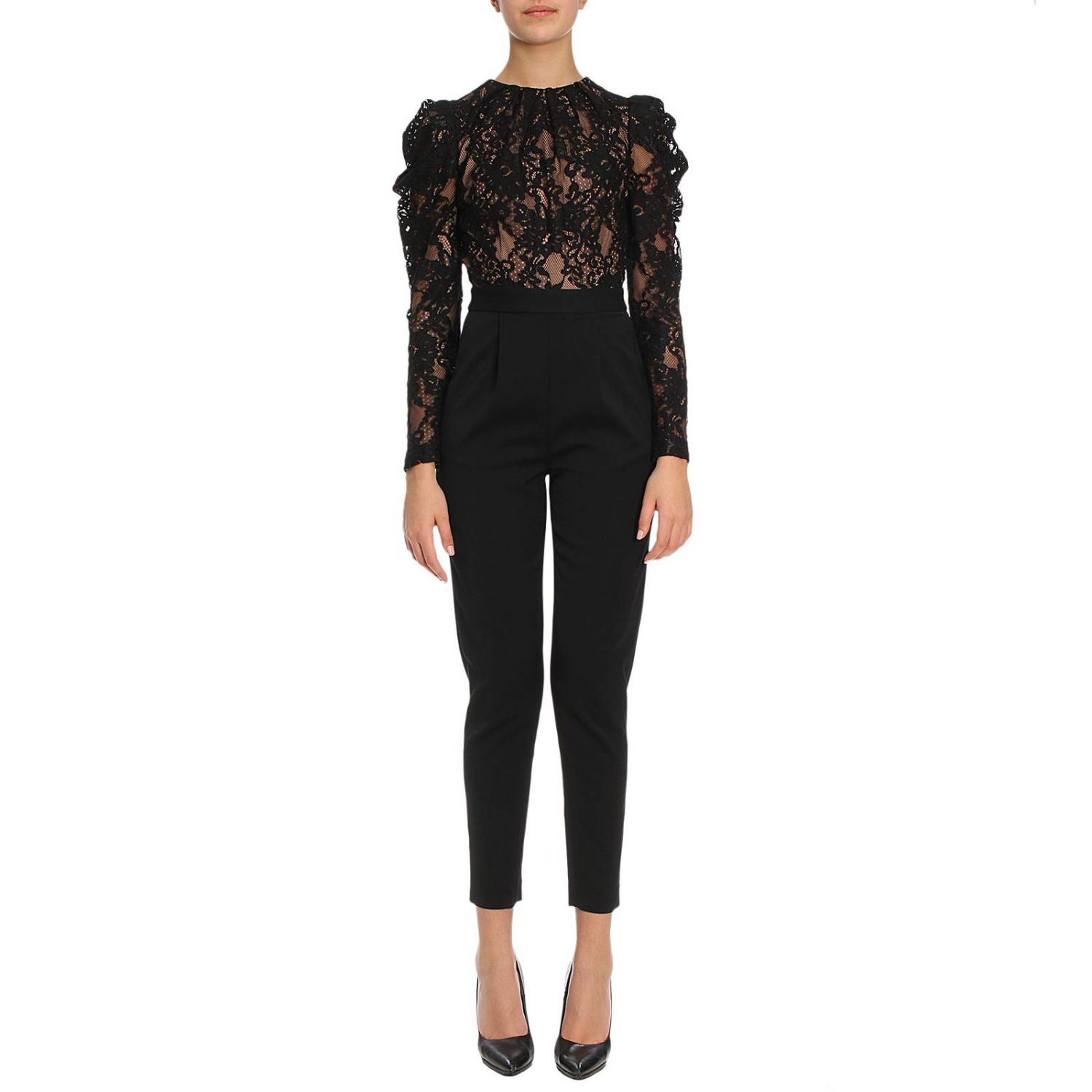 Michael Michael Kors Outlet: Tuta a maniche lunghe in pizzo con pantalone  in cady - Nero | Abito Michael Michael Kors MH78XEG92T GIGLIO.COM