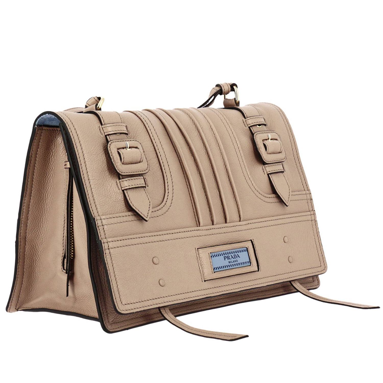 PRADA Etiquette bag Genuine leather glacé flap with engraved logo and