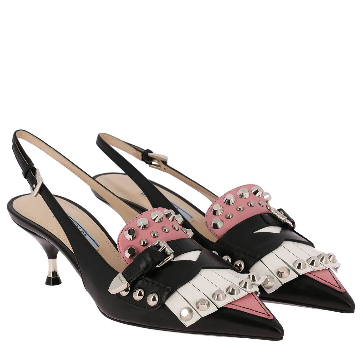 PRADA: Décolleté in pelle tricolor con maxi frange fibbia metallica e  borchie - Nero | Scarpe Con Tacco Prada 1D692 3F25 GIGLIO.COM