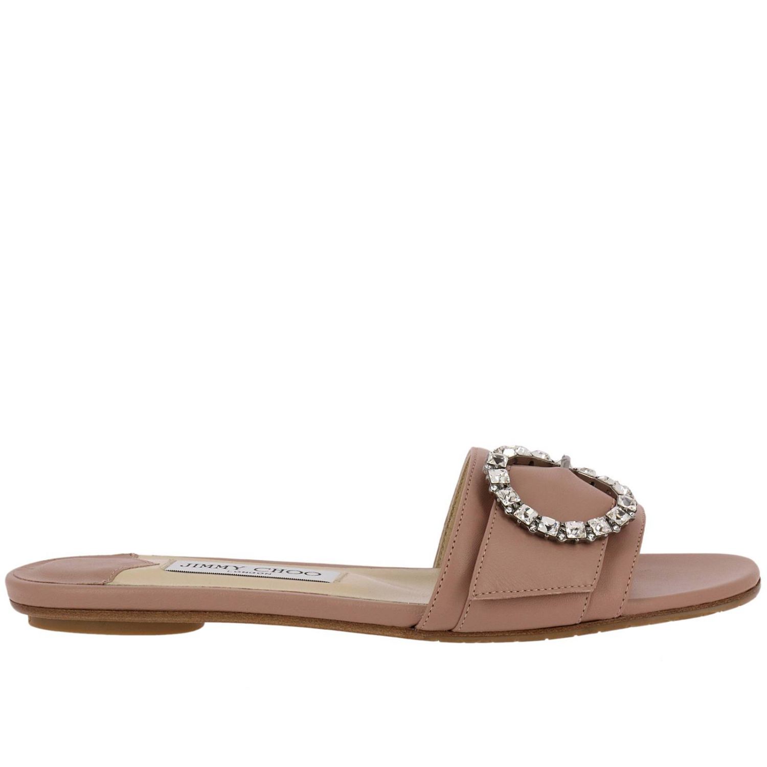 Jimmy Choo Outlet: Sandalo Granger flat in vera pelle liscia con maxi  fibbia di cristalli - Rosa | Sandali Bassi Jimmy Choo GRANGER FLAT AYU  GIGLIO.COM