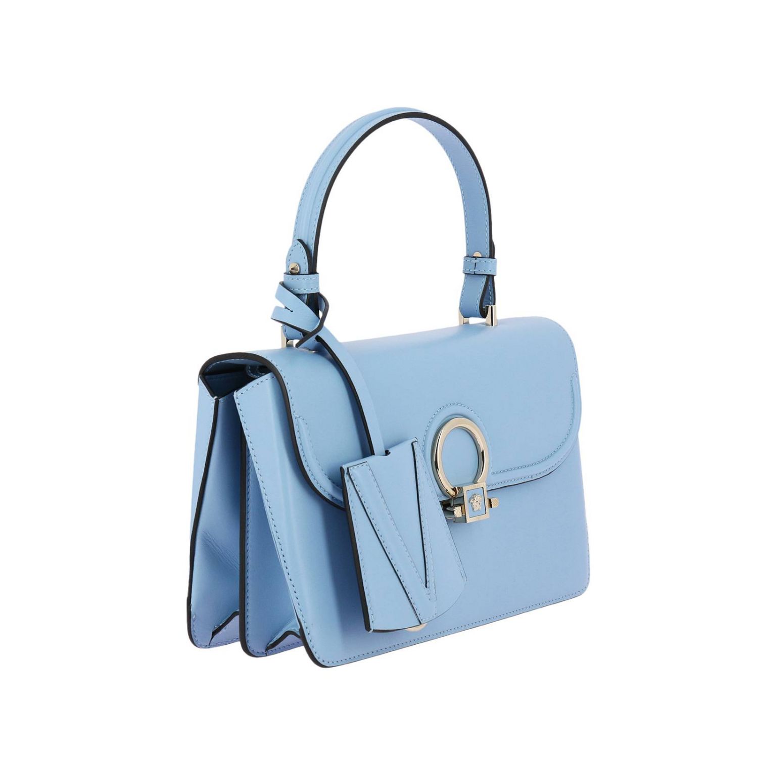 Versace Outlet: Borsa DV one small in pelle liscia con chiusura metallica  Testa di Medusa - Celeste | Borse A Tracolla Versace DBFG066 DVIT9  GIGLIO.COM
