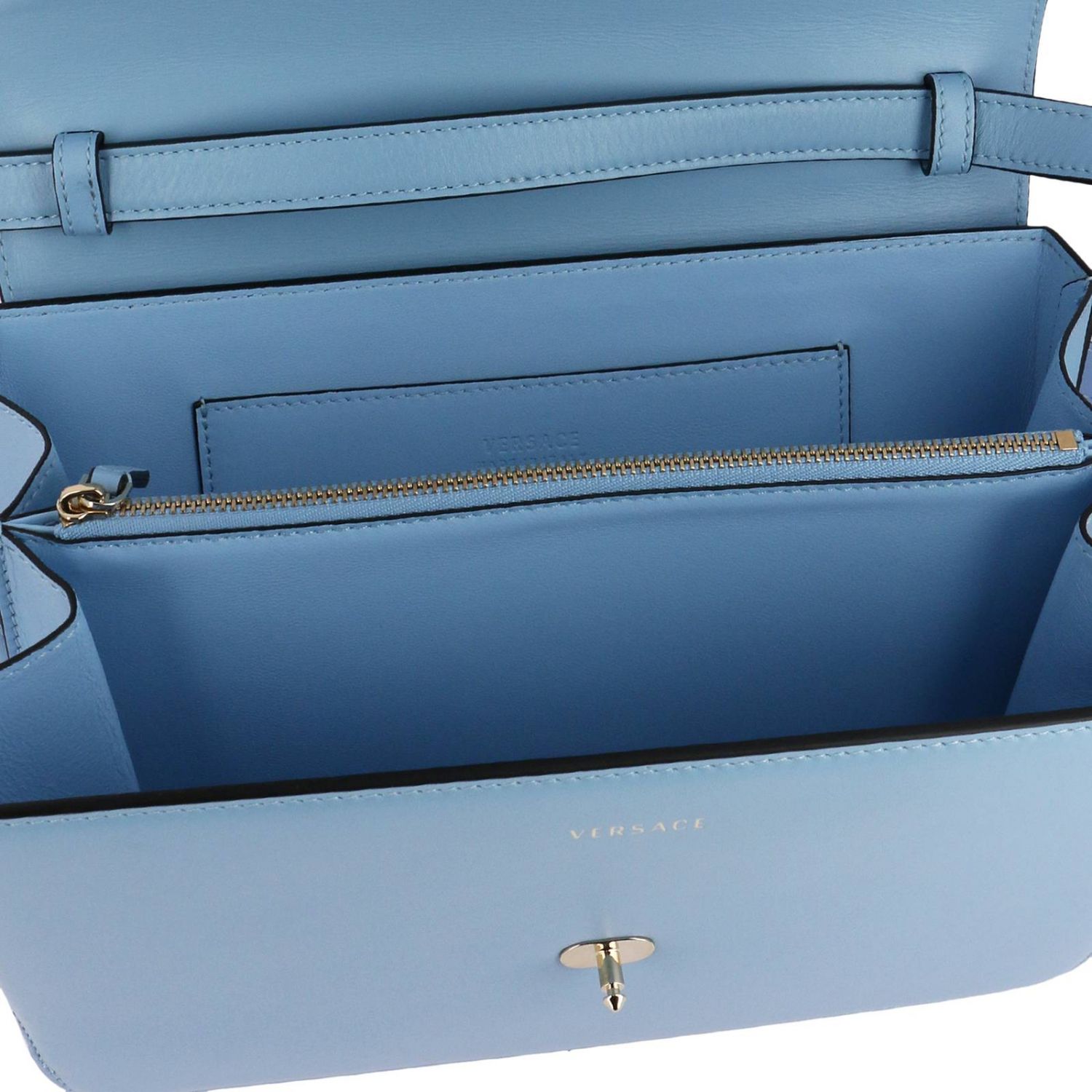 Versace Outlet: Borsa DV one small in pelle liscia con chiusura metallica  Testa di Medusa - Celeste | Borse A Tracolla Versace DBFG066 DVIT9  GIGLIO.COM