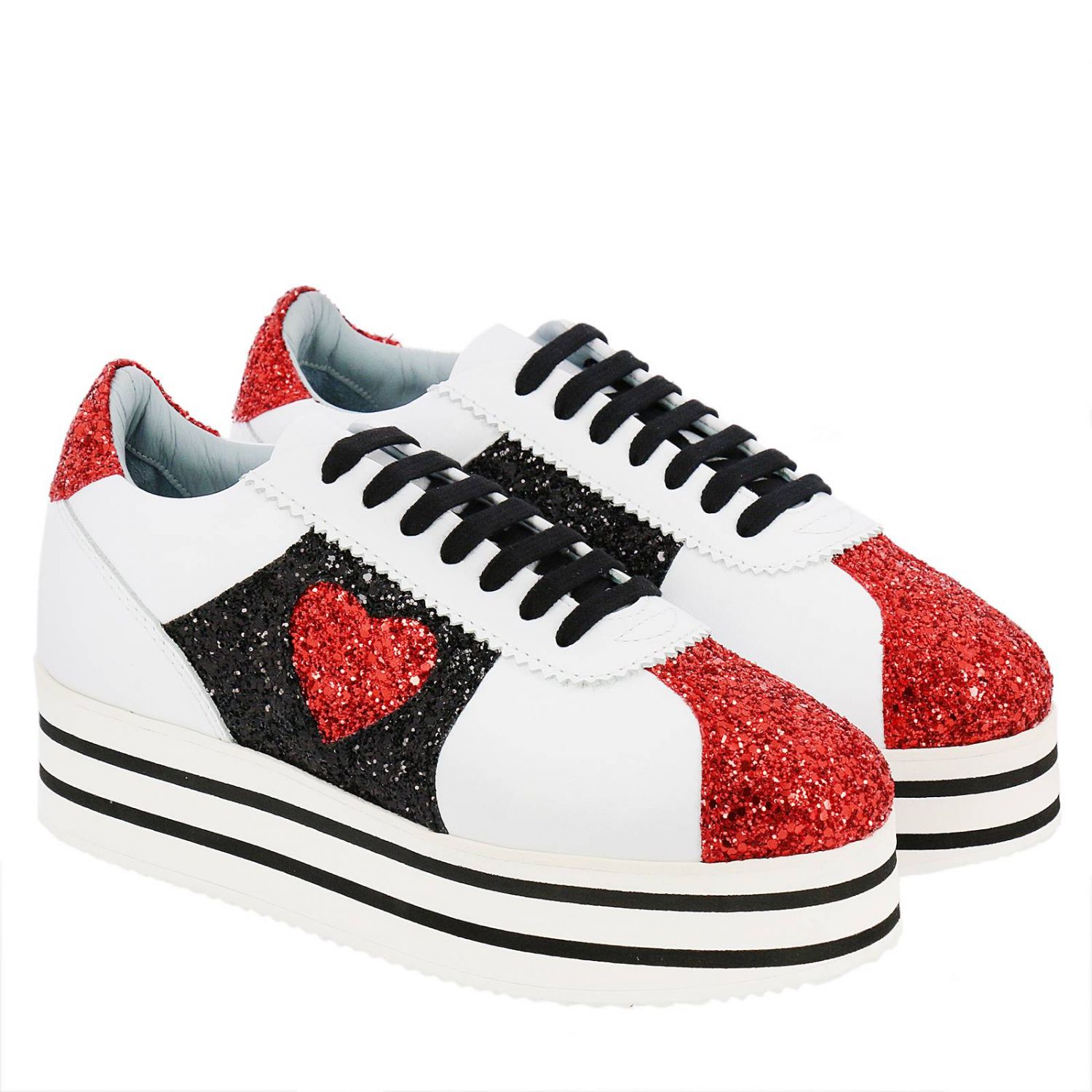 Chiara Ferragni Fall Winter 18/19 white sneakers with bright pink glittered  hearts - CF 2070 WHITE/SILVER/FUXIA