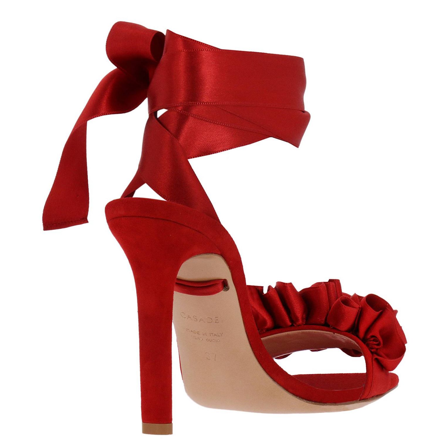 Casadei Outlet: Sandalo in raso con maxi rouches e nastro - Rosso | Sandali  Con Tacco Casadei 1L740K1001 Y250 GIGLIO.COM