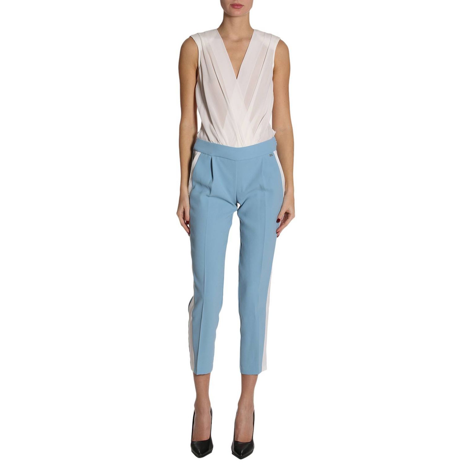 Elisabetta Franchi Outlet: Tuta con sezioni removibili effetto bicolor e  maxi bande laterali - Azzurro | Abito Elisabetta Franchi TU077 81E2  GIGLIO.COM