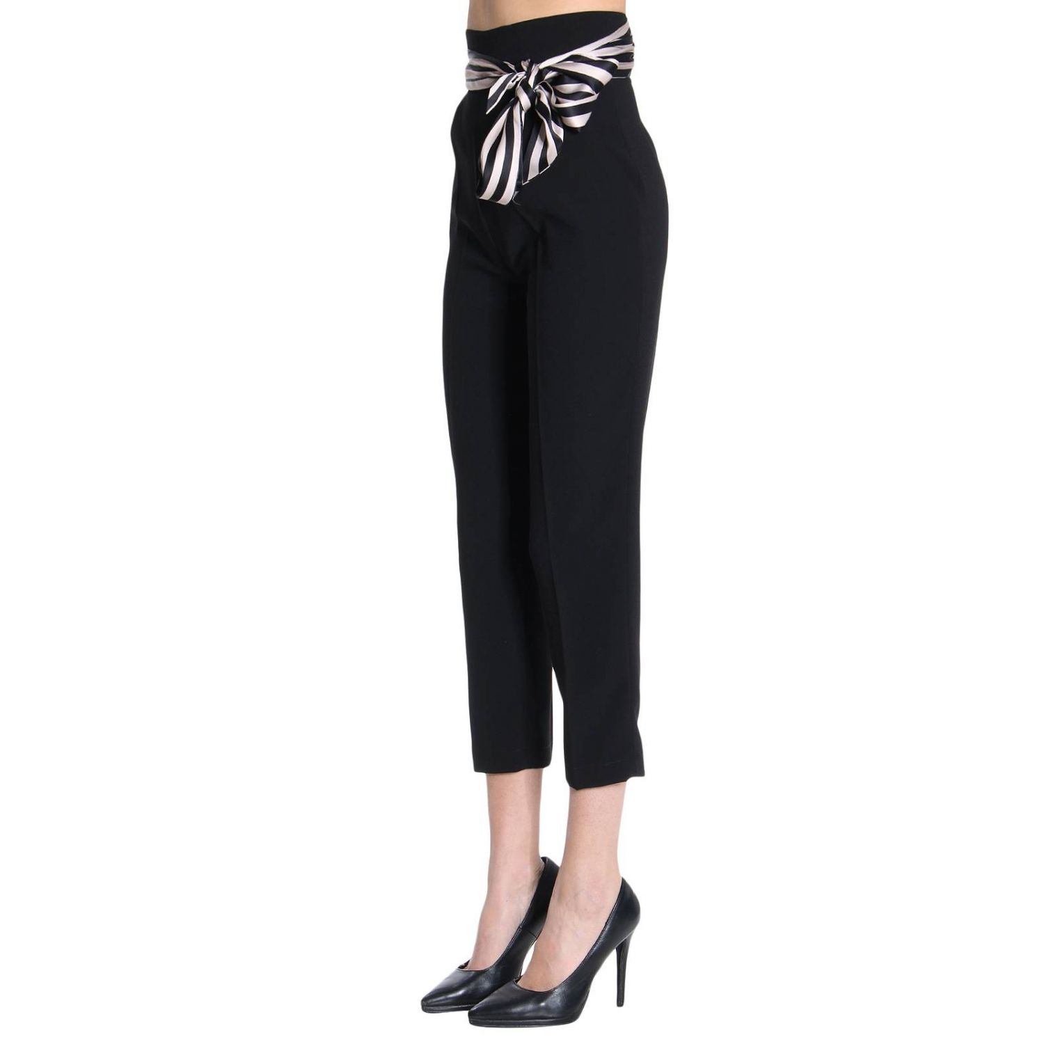 Elisabetta Franchi Outlet: Pantalone a vita alta in crêpe con fusciacca a  righe - Nero | Pantalone Elisabetta Franchi PA101 81E2 GIGLIO.COM