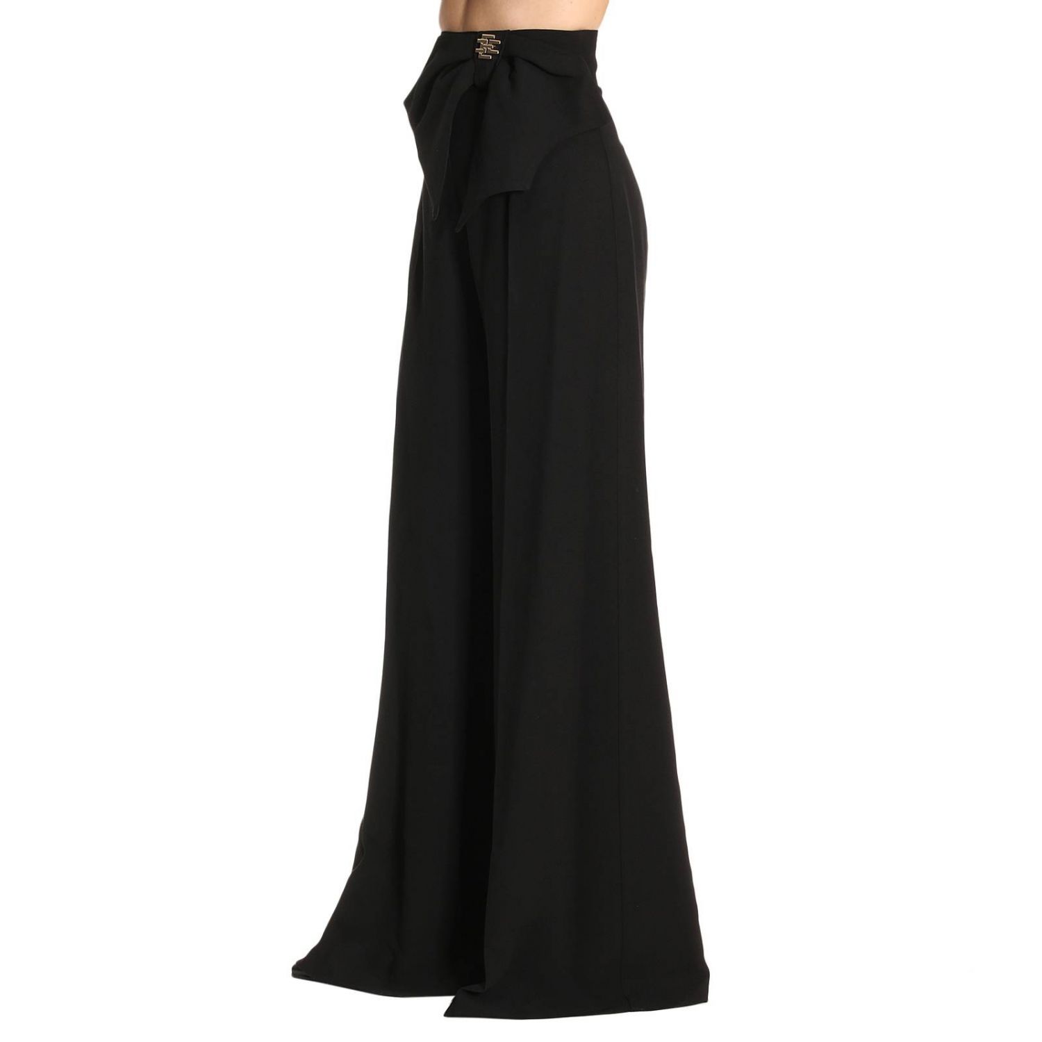 Elisabetta Franchi Outlet: Pantalone a vita alta in crêpe di misto lana con  maxi fiocco e logo metal - Nero | Pantalone Elisabetta Franchi PA132 81E2  GIGLIO.COM