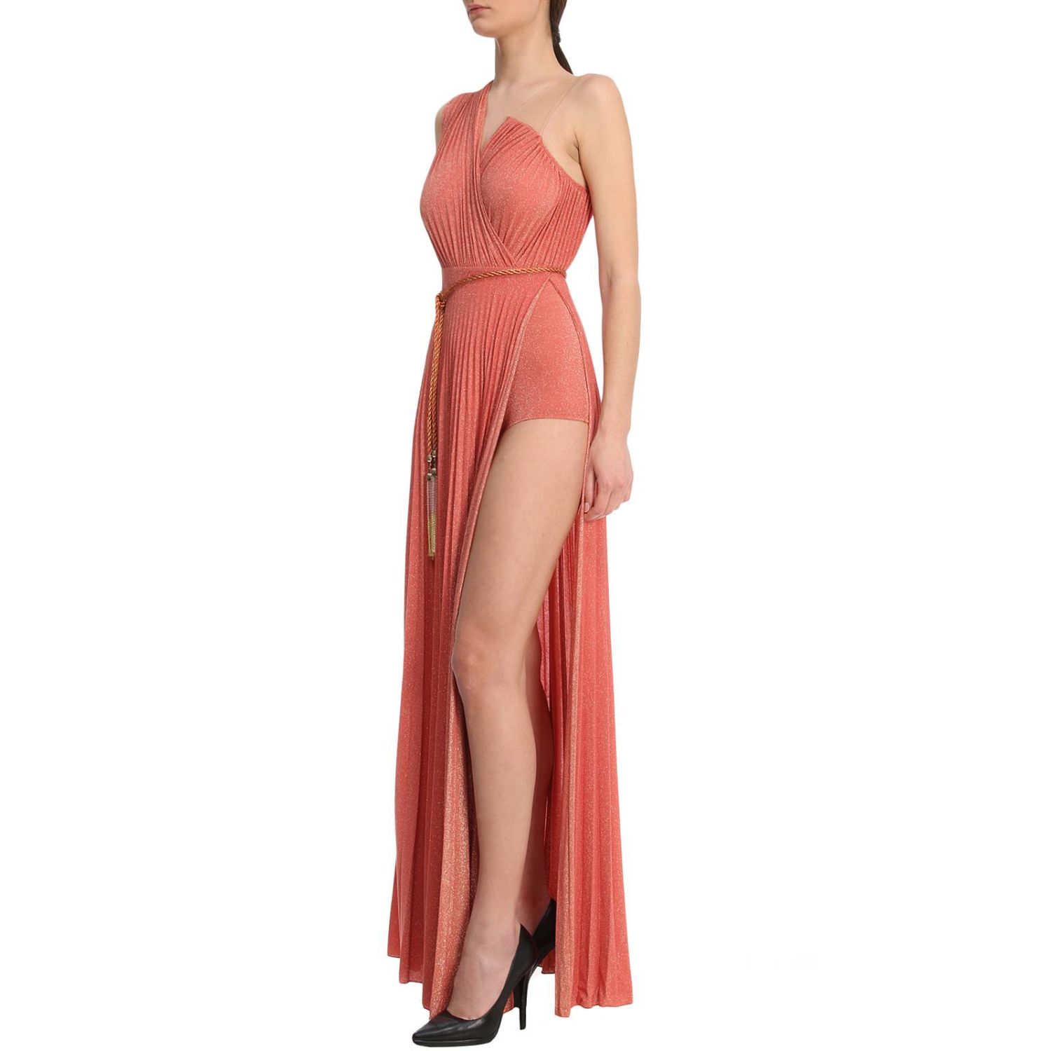 Elisabetta Franchi Outlet: Abito lungo in tessuto lurex e tulle con cintura  in corda intrecciata - Pesca | Abito Elisabetta Franchi AB376 82E2  GIGLIO.COM