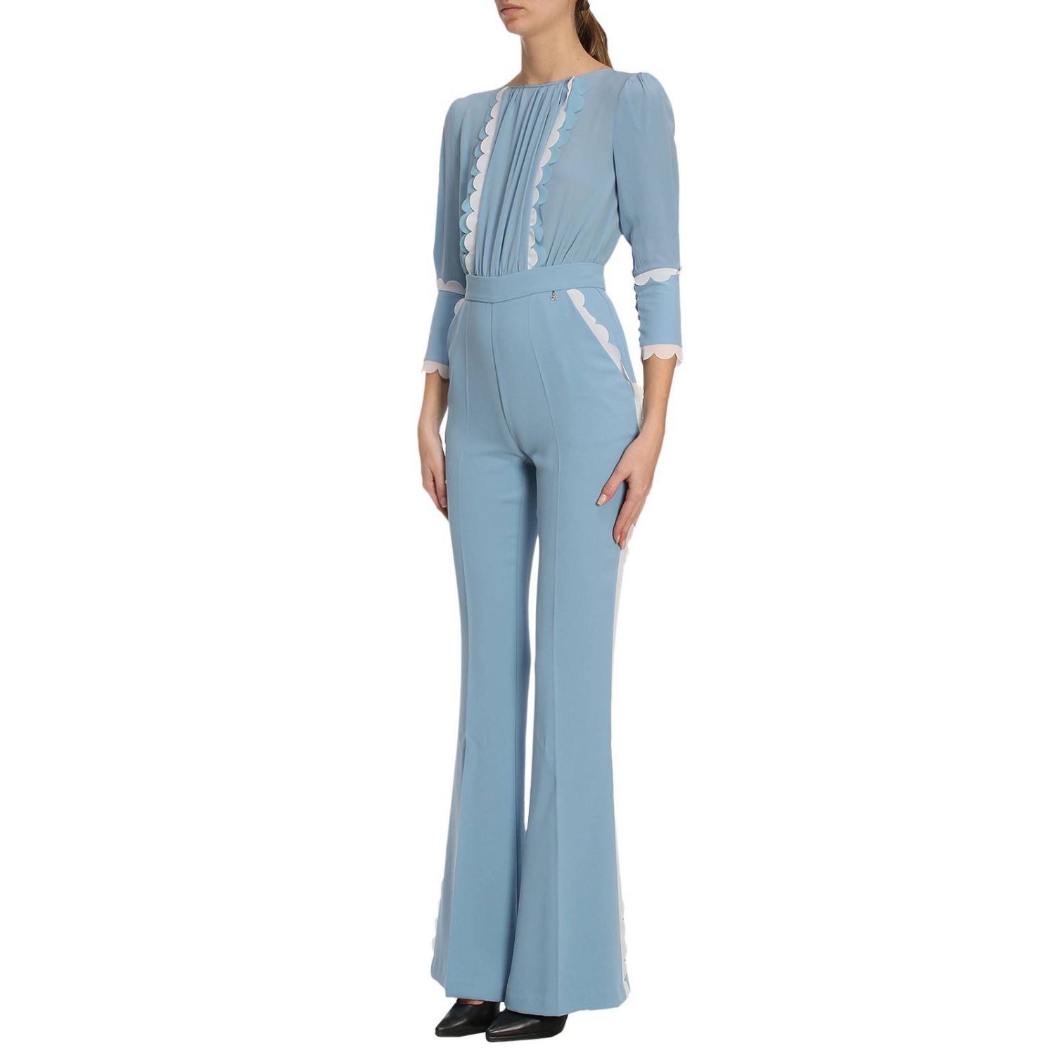 Elisabetta Franchi Outlet: Tuta a maniche lunghe con bordi ondulati a  contrasto - Azzurro | Abito Elisabetta Franchi TU081 82E2 GIGLIO.COM