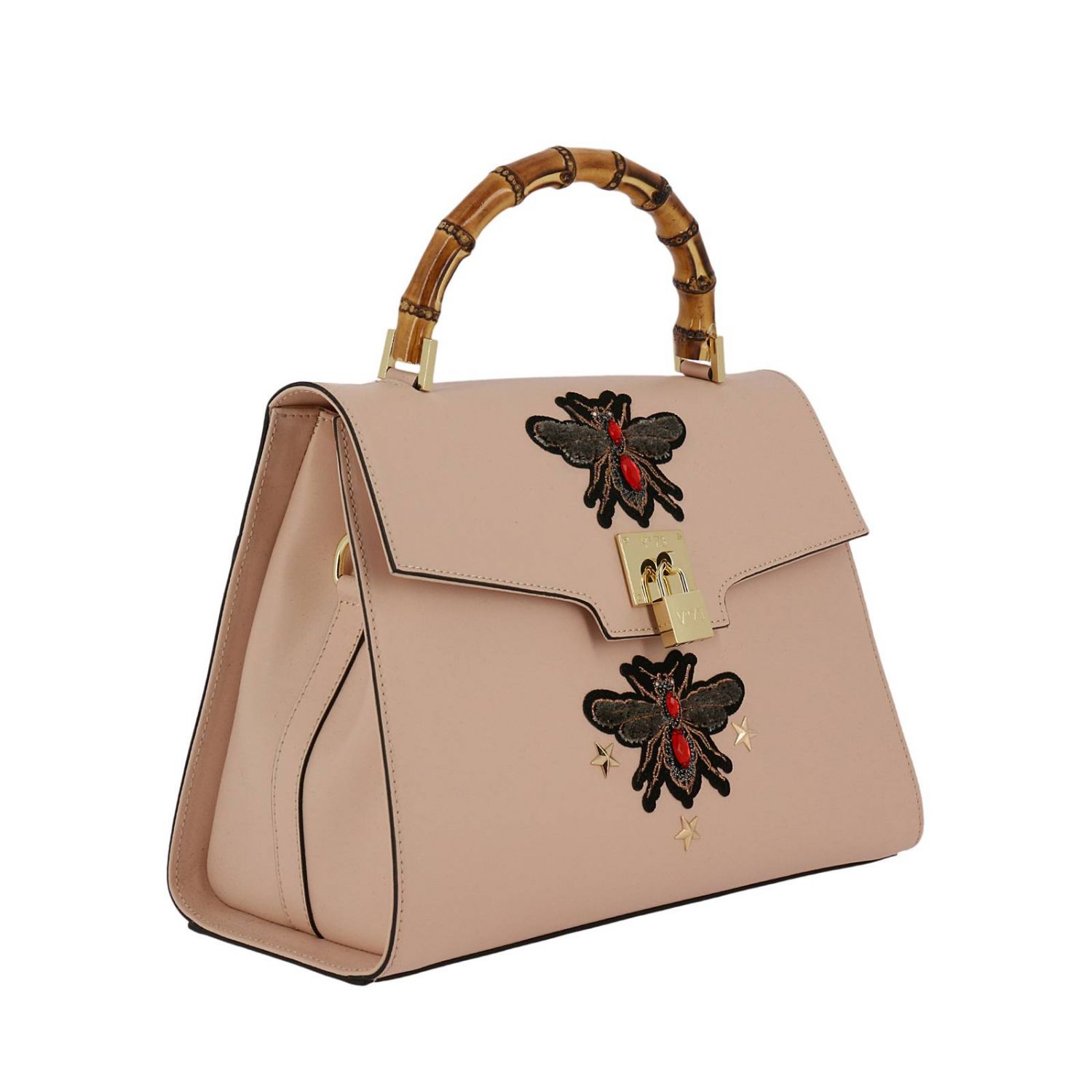 V73 Outlet: Borsa Ingrid con manico di bambù e patch insetti - Rosa | Borsa  A Mano V73 S805 GIGLIO.COM