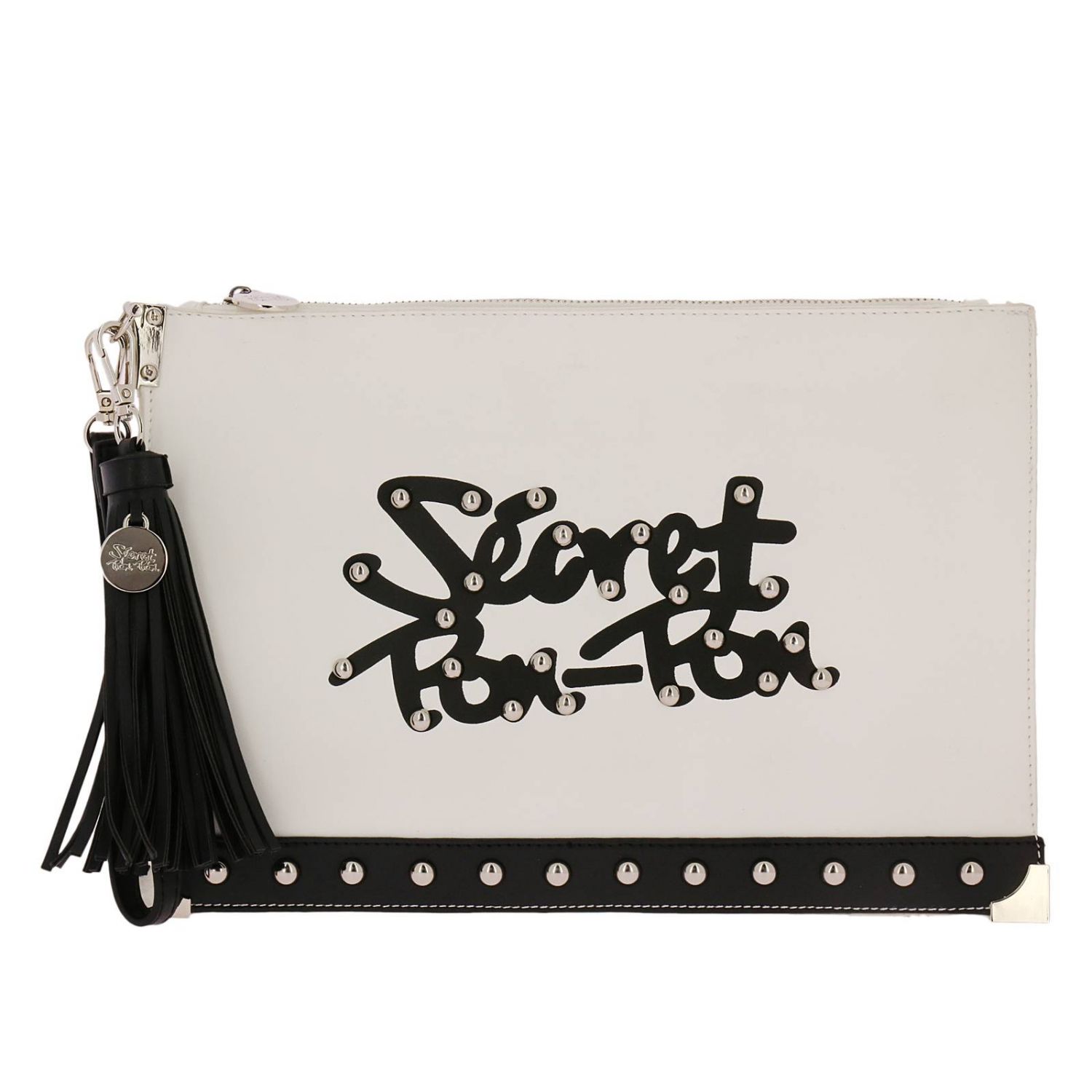 Secret Pon-Pon Outlet: Pochette Ines con maxi stampa del logo e borchie -  Bianco | Clutch Secret Pon-Pon 296.003 INES GIGLIO.COM